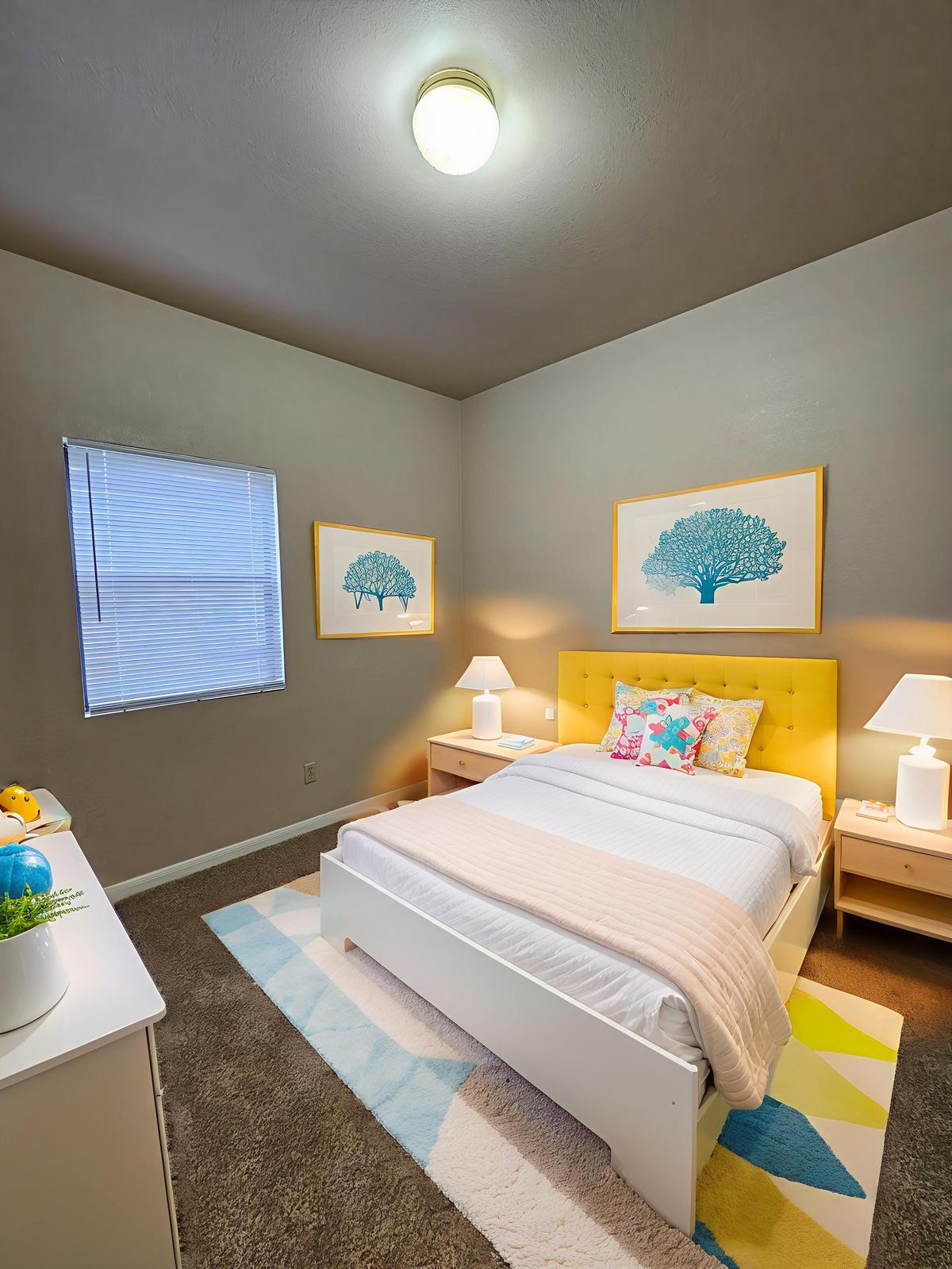 Cozy bedroom featuring a yellow tufted bed with colorful pillows, two framed tree artworks on the gray walls, and a soft area rug. There are two bedside tables with lamps, a large window with blinds, and a white dresser. The space has a warm and welcoming atmosphere.