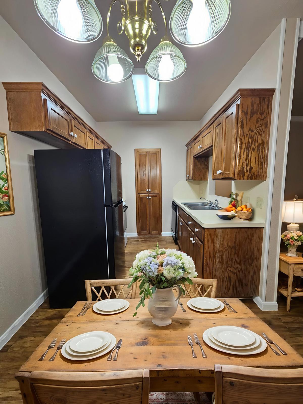 A cozy kitchen with wooden cabinets, a black refrigerator, and a sleek stove. A wooden dining table is set with plates and cutlery, adorned with a vase of flowers. Soft lighting from a chandelier illuminates the space, creating a warm ambiance. Fresh fruit sits on the counter, adding a touch of color.