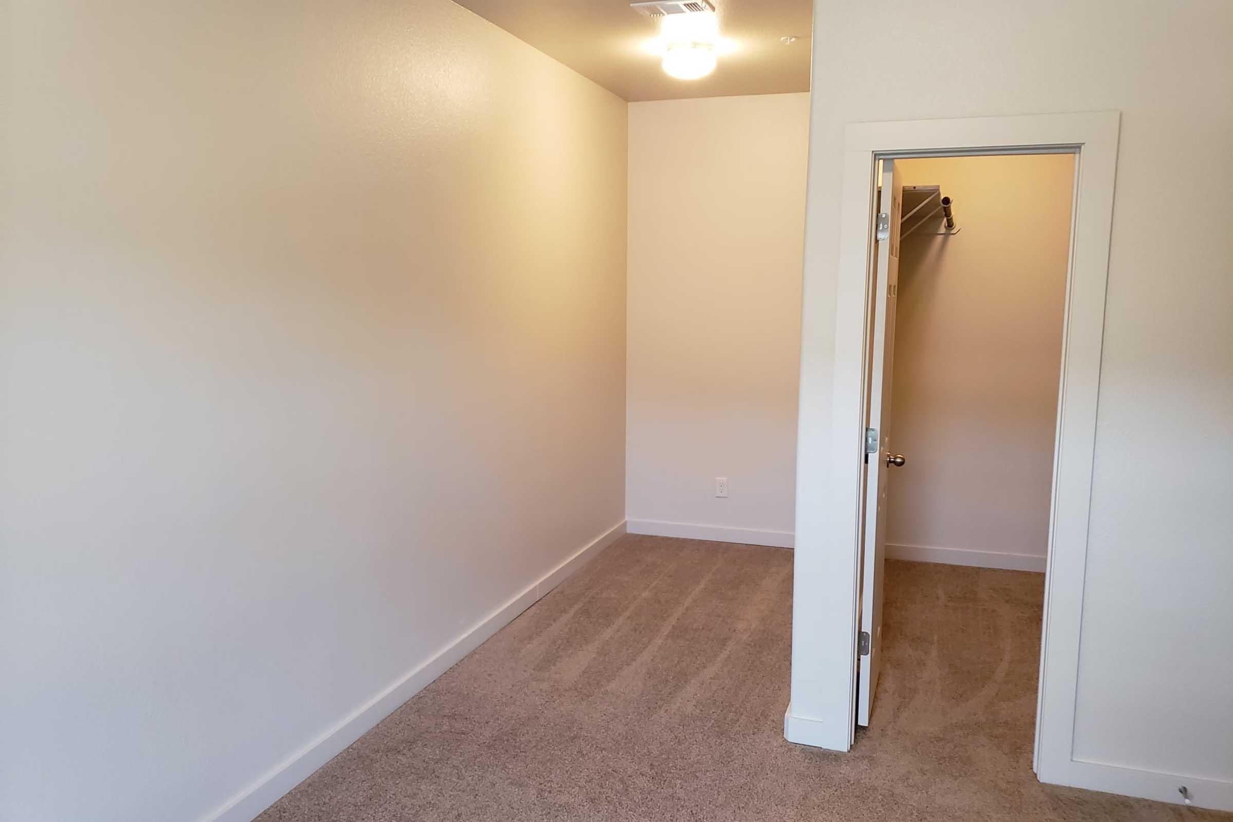 An empty room with light-colored walls, a ceiling light, and beige carpet. There is a single door leading to a closet on the right side, and the room has a simple, spacious layout with no furniture or decorations.