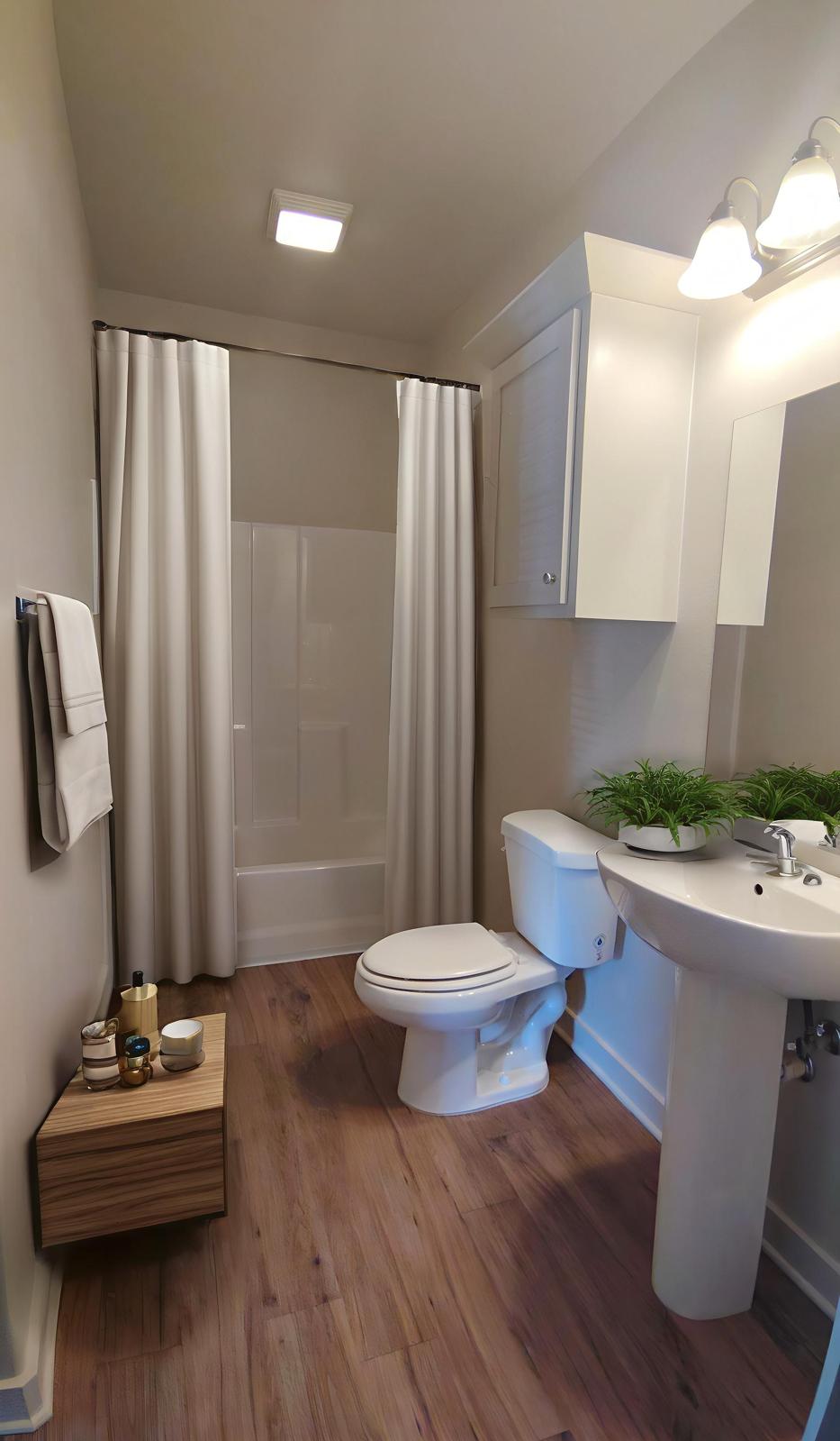 A modern bathroom showcasing a shower with a white curtain, a toilet, and a sink with a mirror above it. There is a wooden shelf beside the sink with decorative items. The floor is hardwood, and the walls are painted in a light color, creating a clean and contemporary look.