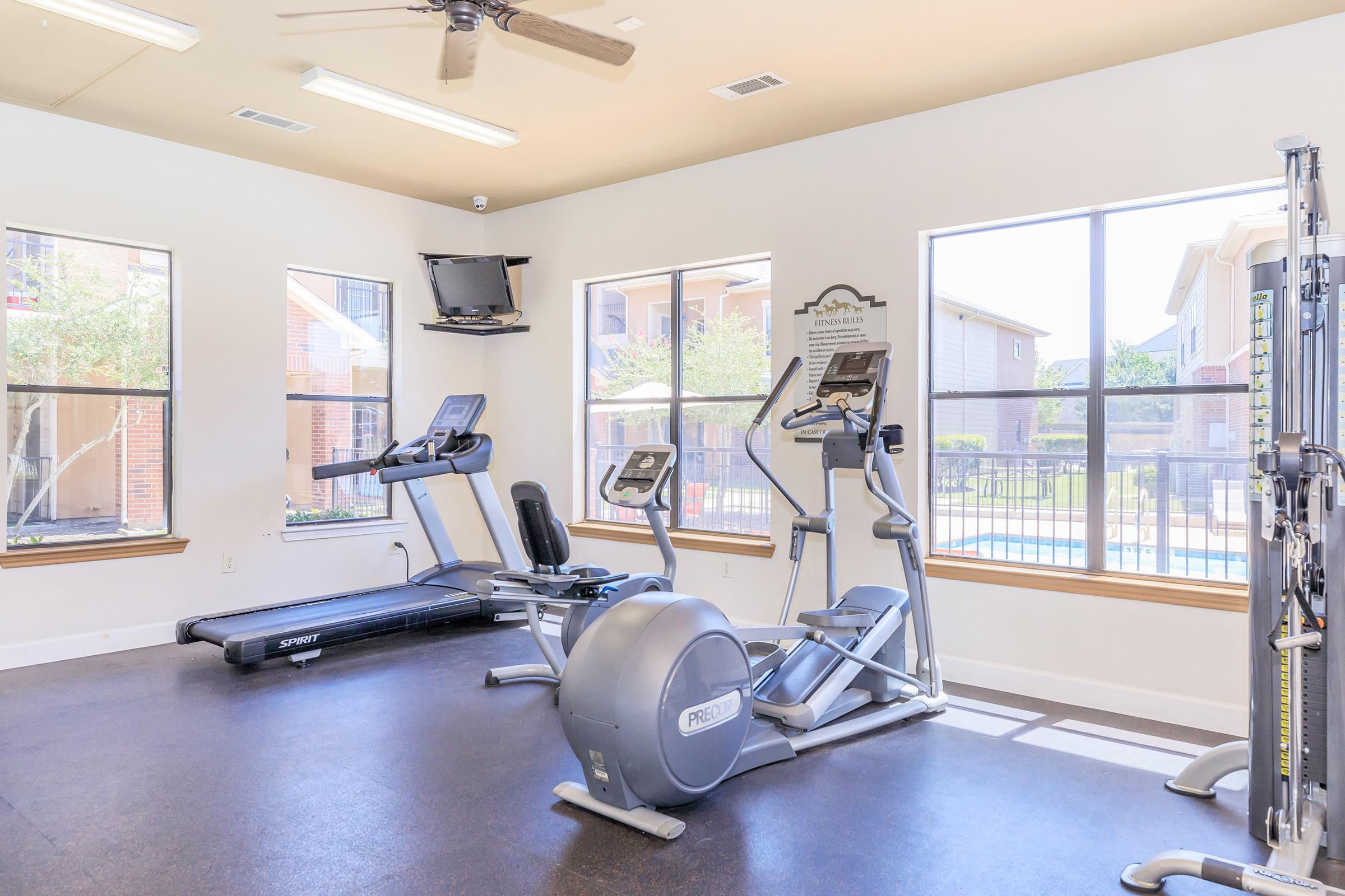 A well-equipped gym with a treadmill, elliptical machine, and stationary bike. Large windows provide natural light, and a flat-screen TV is mounted on the wall. In the background, a glimpse of a swimming pool is visible outside. The interior has neutral colors and a clean, modern design.