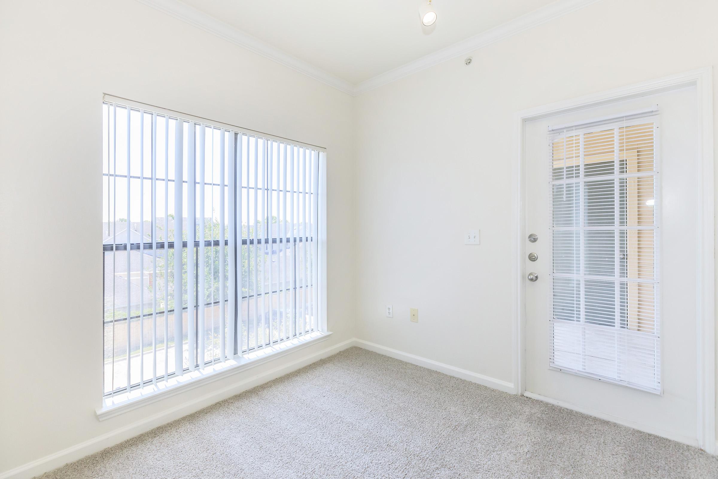 Bright, empty room with light-colored walls and carpet flooring. It features large vertical blinds covering a window and a door with glass panels leading outside. The space has a minimalist design, allowing for natural light to enter, creating an open and airy atmosphere.