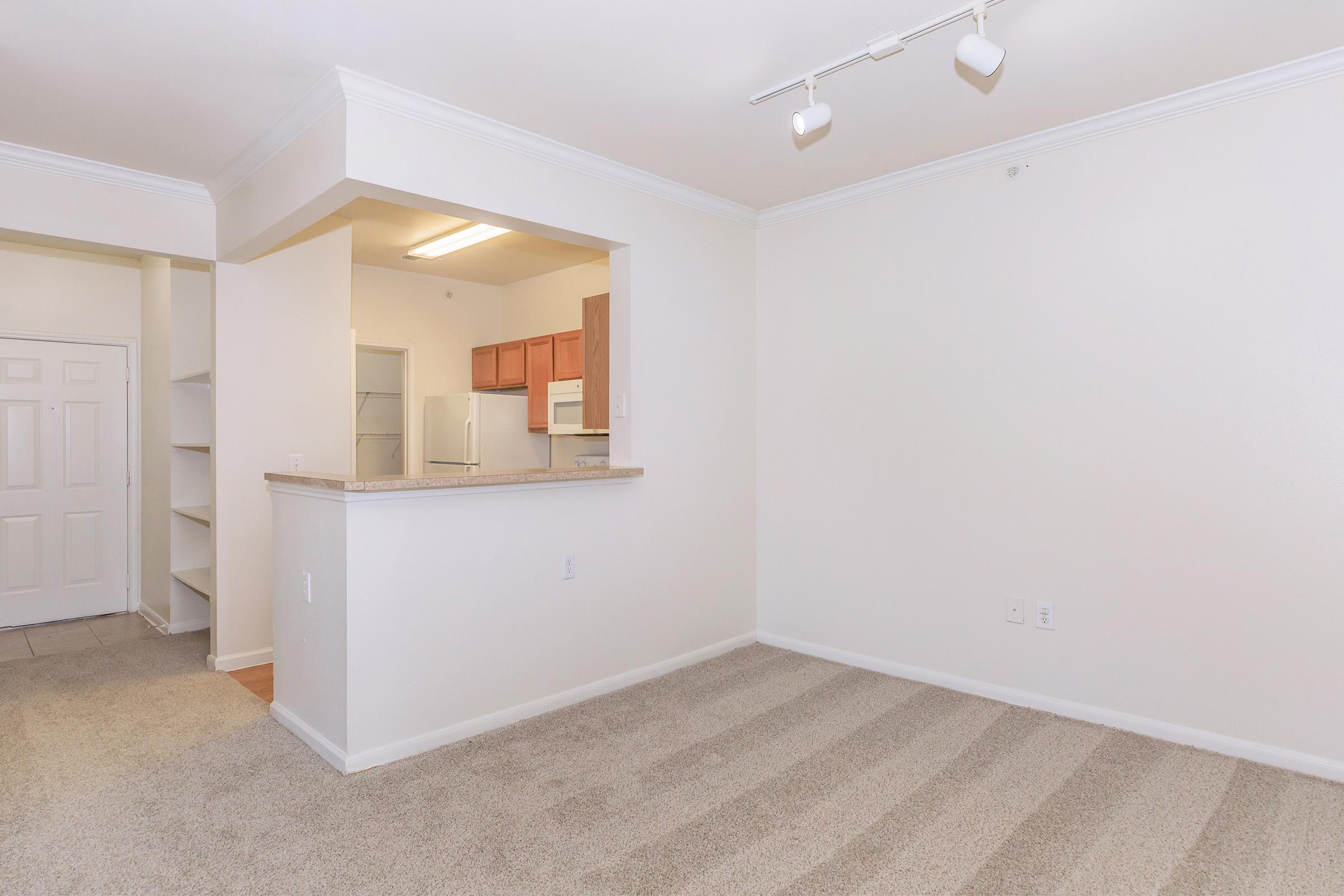 A bright, empty living space with beige carpet and white walls. A doorway leads to an entrance area, while an open kitchen features brown cabinetry and a granite countertop. Track lighting is installed on the ceiling, enhancing the spacious feel of the room.