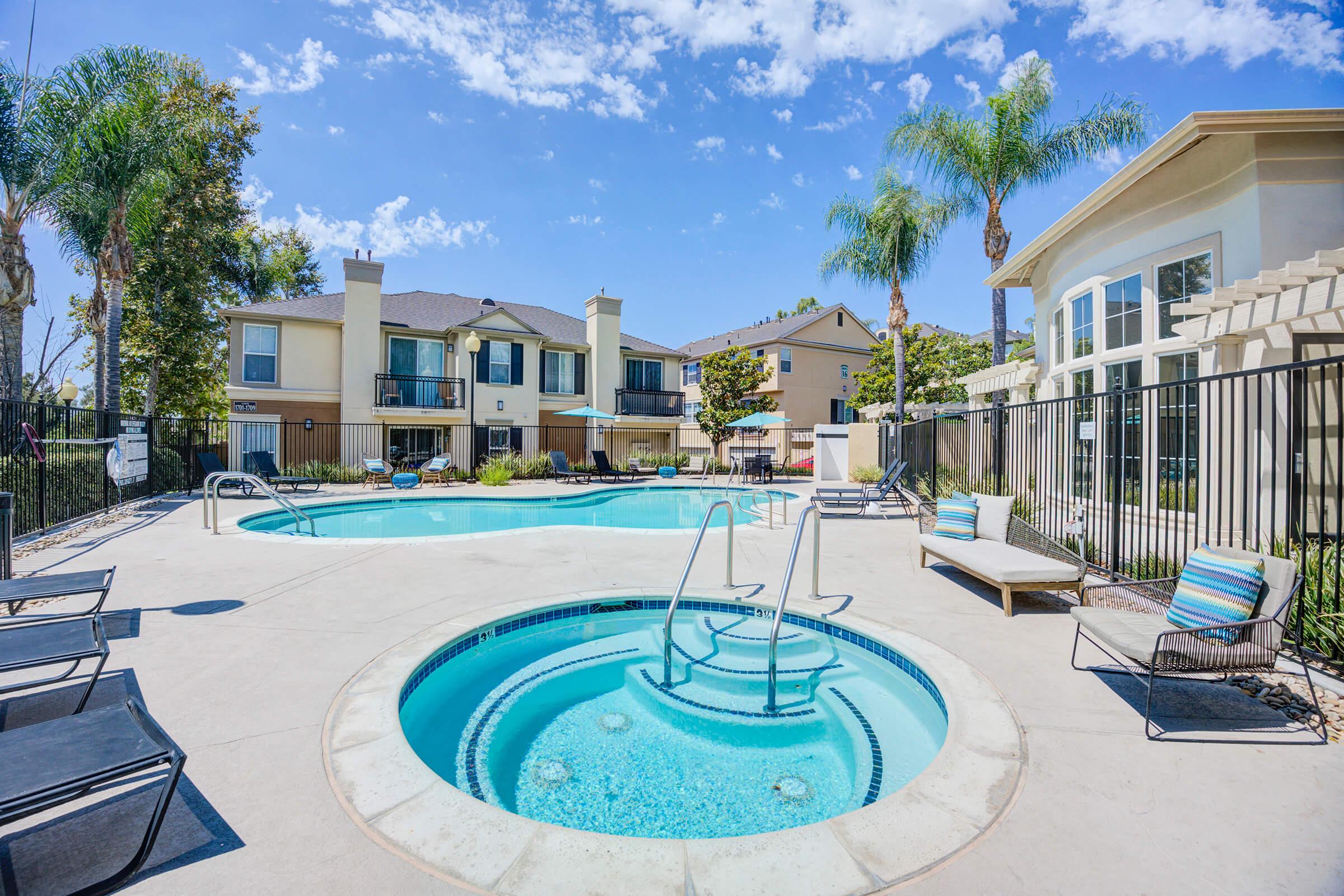 a pool outside of a building