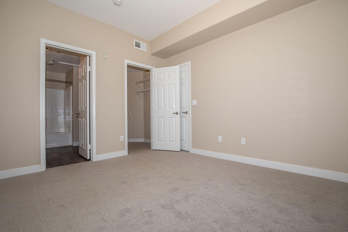 Bedroom with open closet and bathroom doors