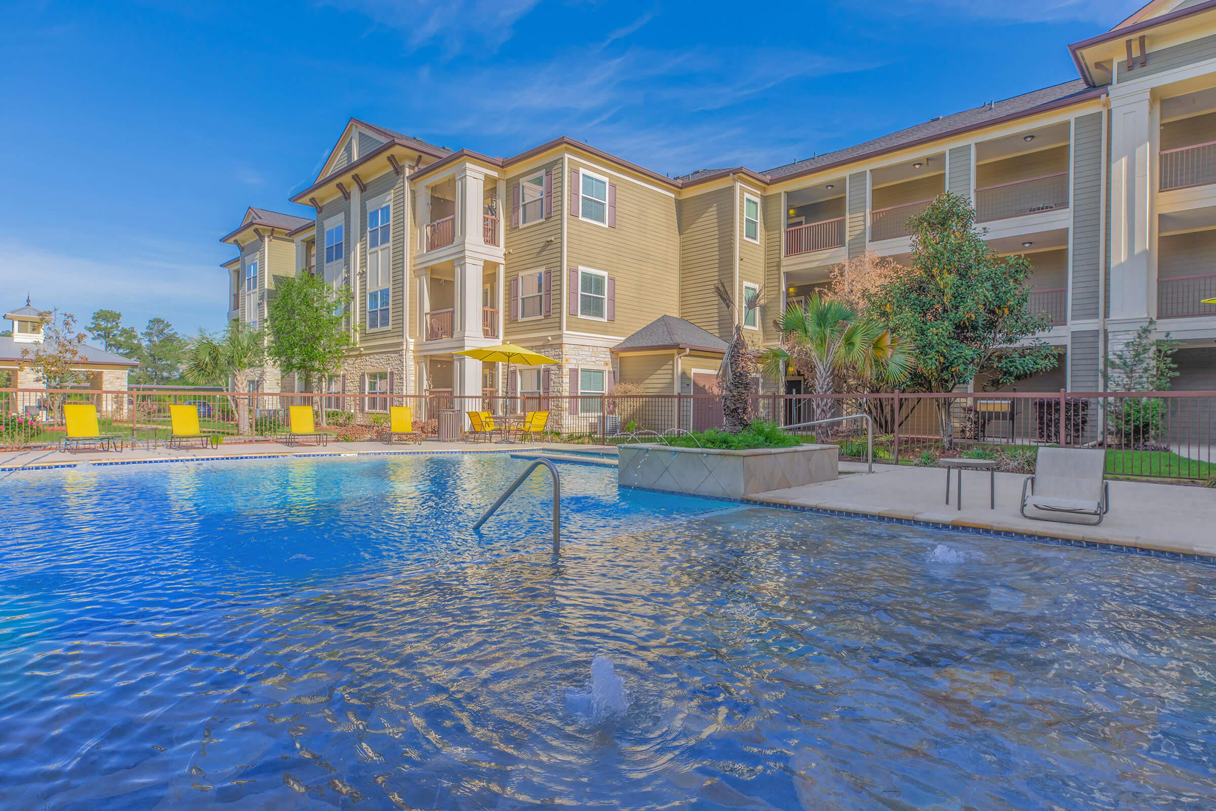 a building with a pool of water