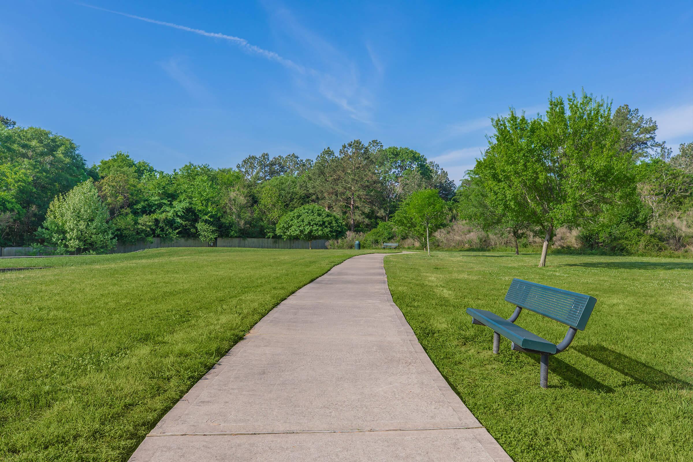 a blue bench in a park