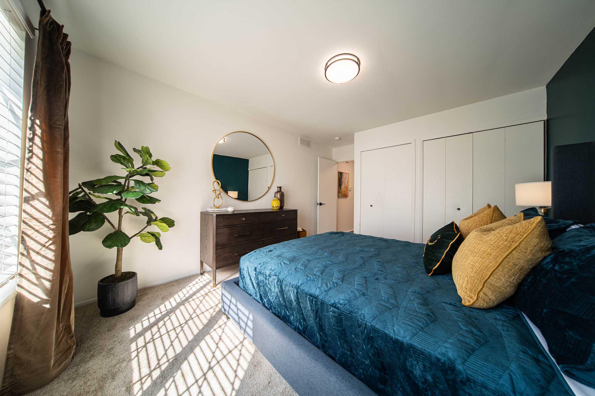 A cozy bedroom featuring a large bed with teal bedding and decorative yellow pillows. There's a wooden dresser with a round mirror above it, a potted plant in the corner, and natural light streaming through the window, casting shadows on the carpeted floor. The walls are a soft neutral color.