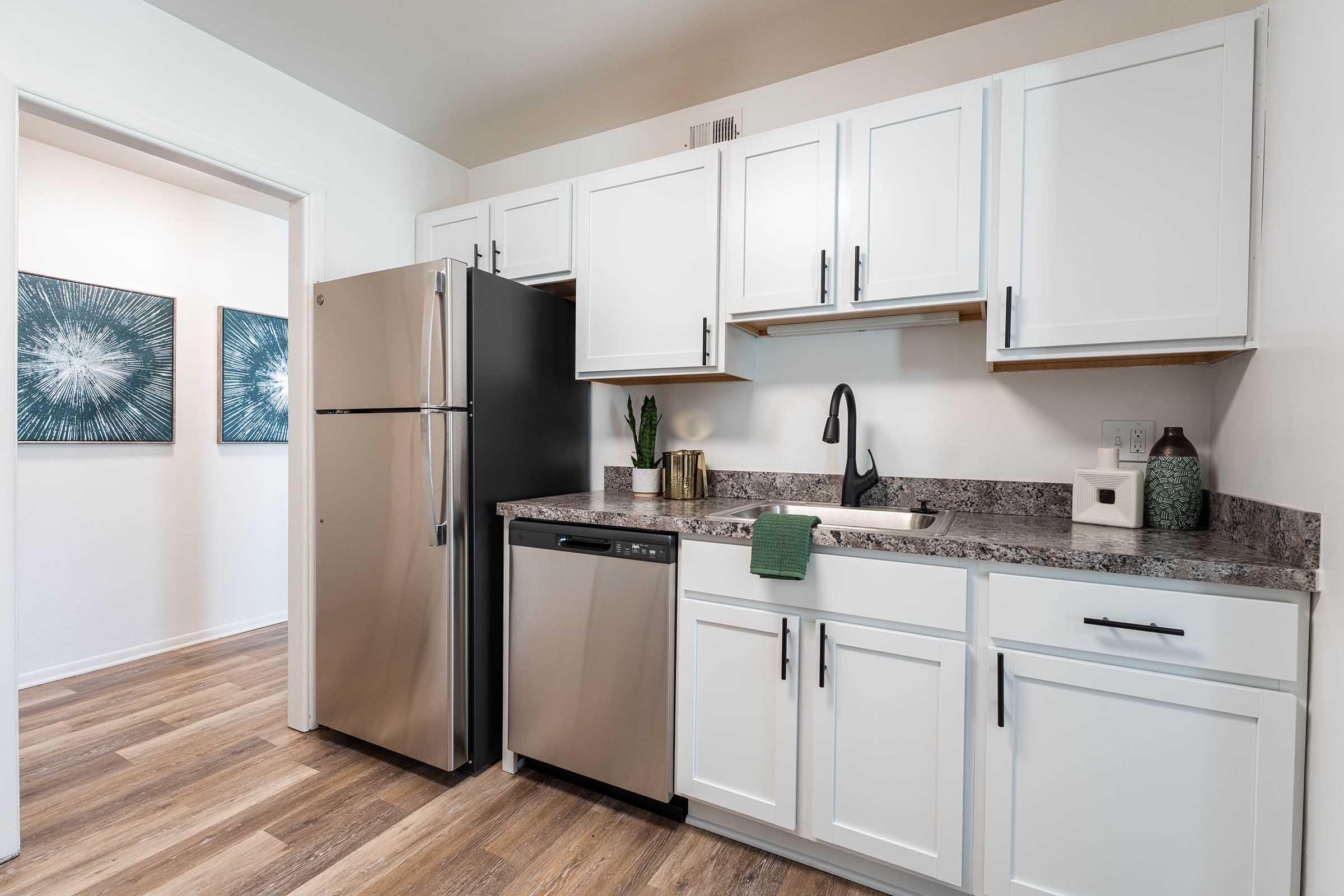 Modern kitchen featuring stainless steel appliances, including a refrigerator and dishwasher. The cabinets are white with a granite countertop. A small sink with a black faucet is visible, along with decorative items like a potted plant. The flooring is wood-like, and there are two abstract artworks on the wall in the background.
