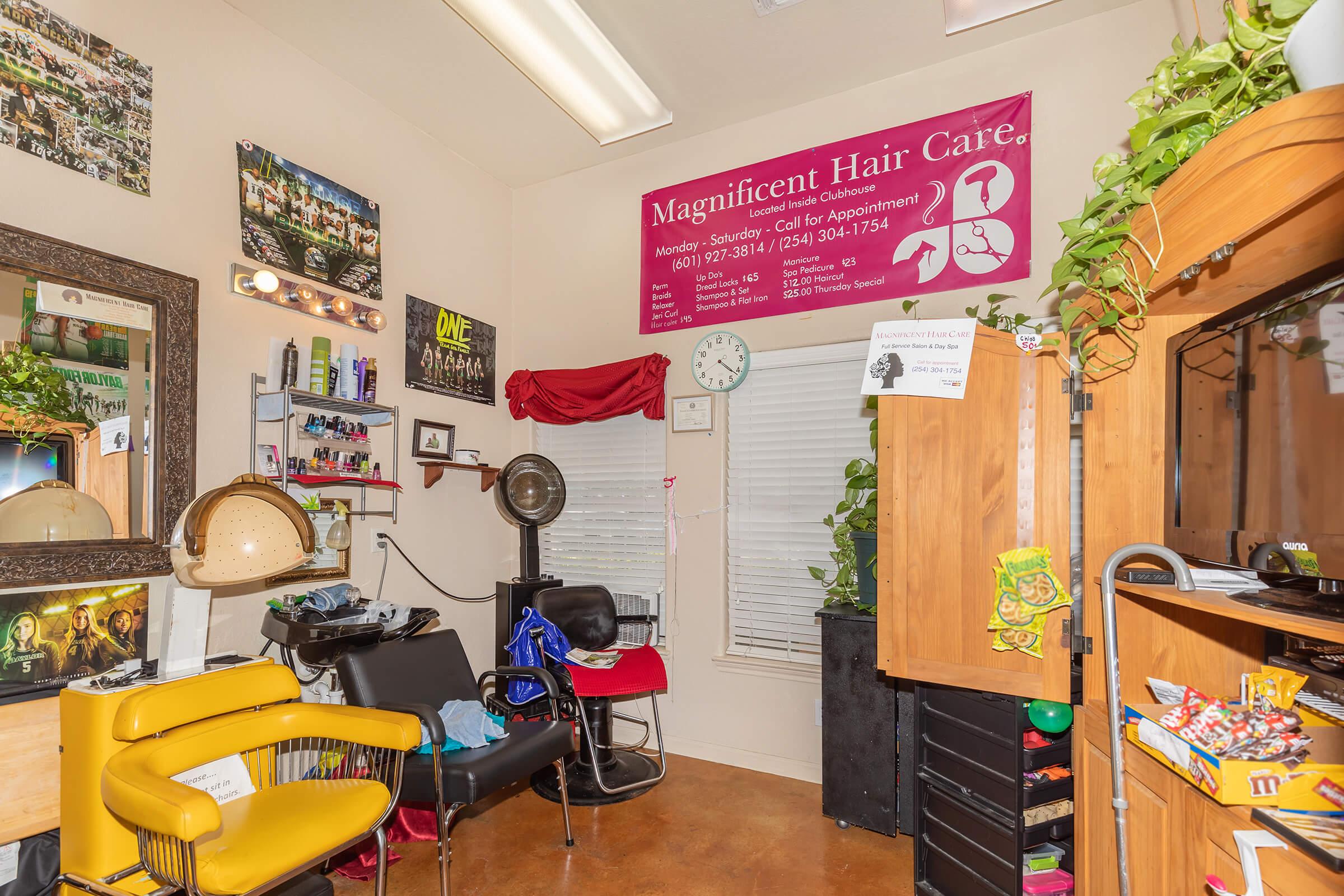 A small hair salon interior featuring two styling chairs, a mirror, and a storage cabinet. The walls are adorned with various hair care products, posters, and a large sign reading "Magnificent Hair Care." Plants add a touch of greenery, and there is a wall clock and various items on display.