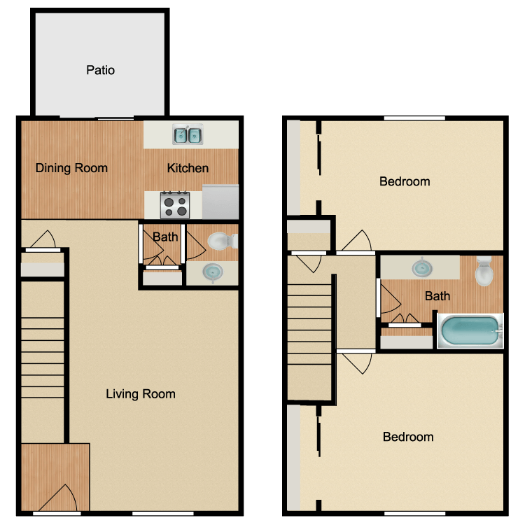 Plan C, a 2 bedroom 1.5 bathroom floor plan.