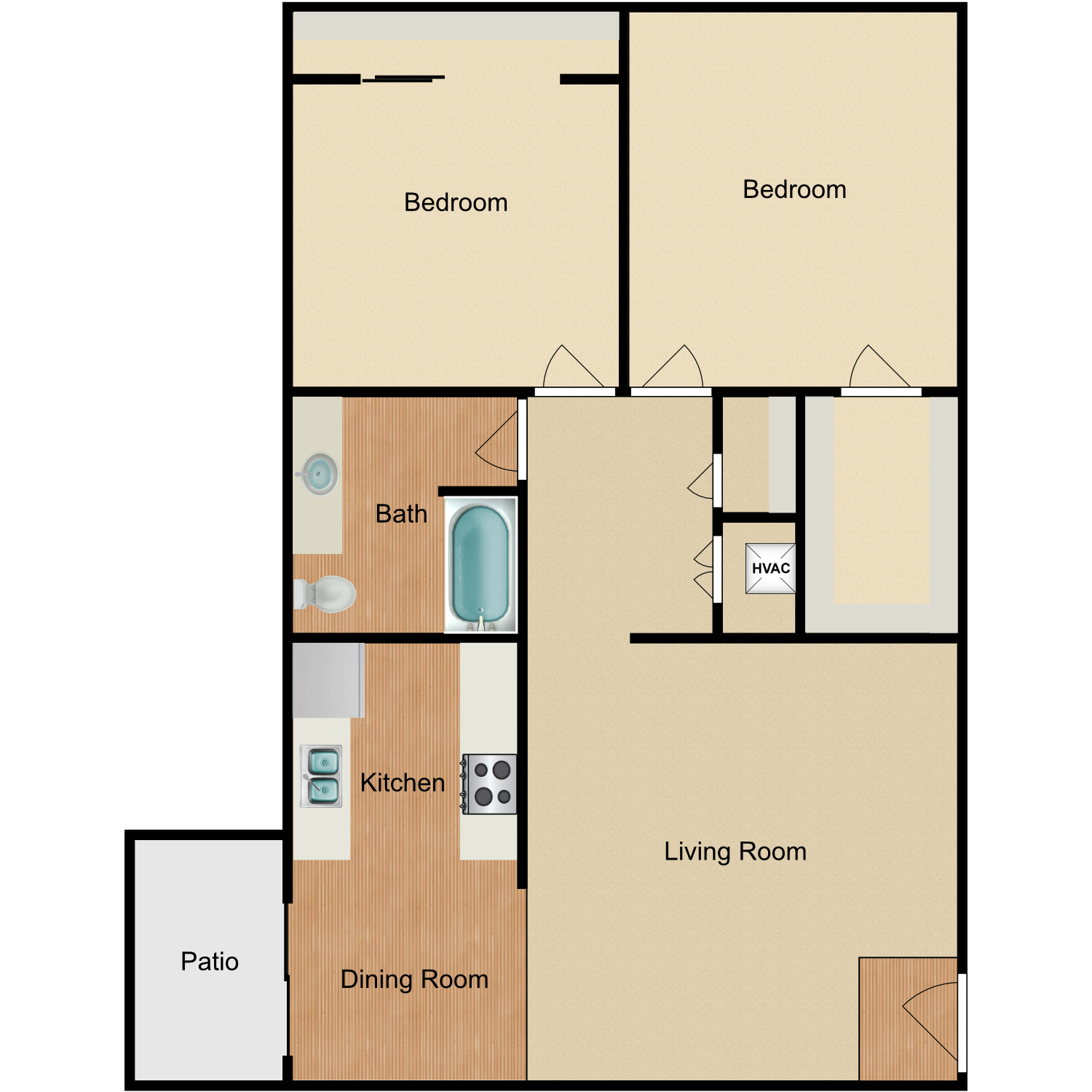 Plan B, a 2 bedroom 1 bathroom floor plan.