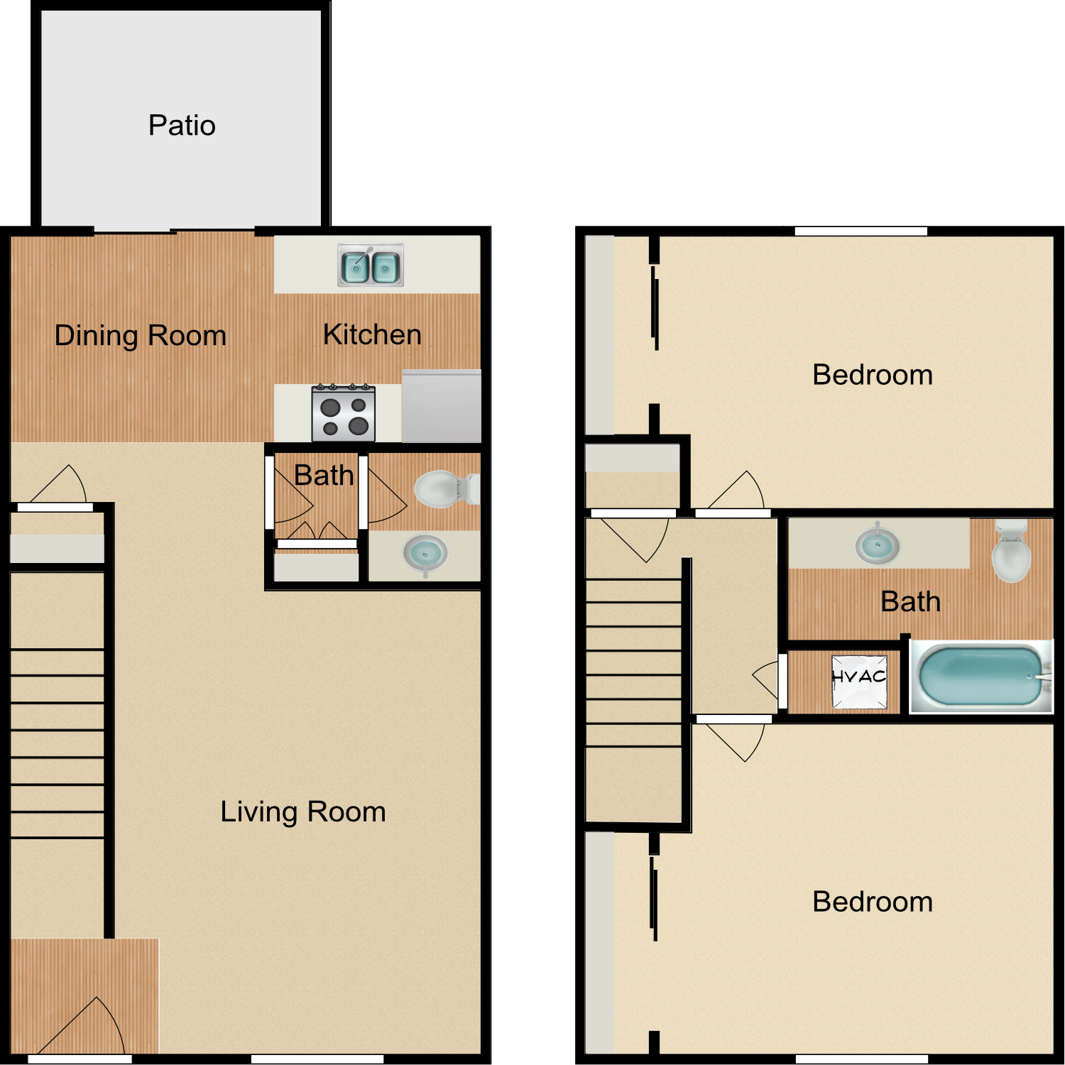 Plan C, a 2 bedroom 1.5 bathroom floor plan.