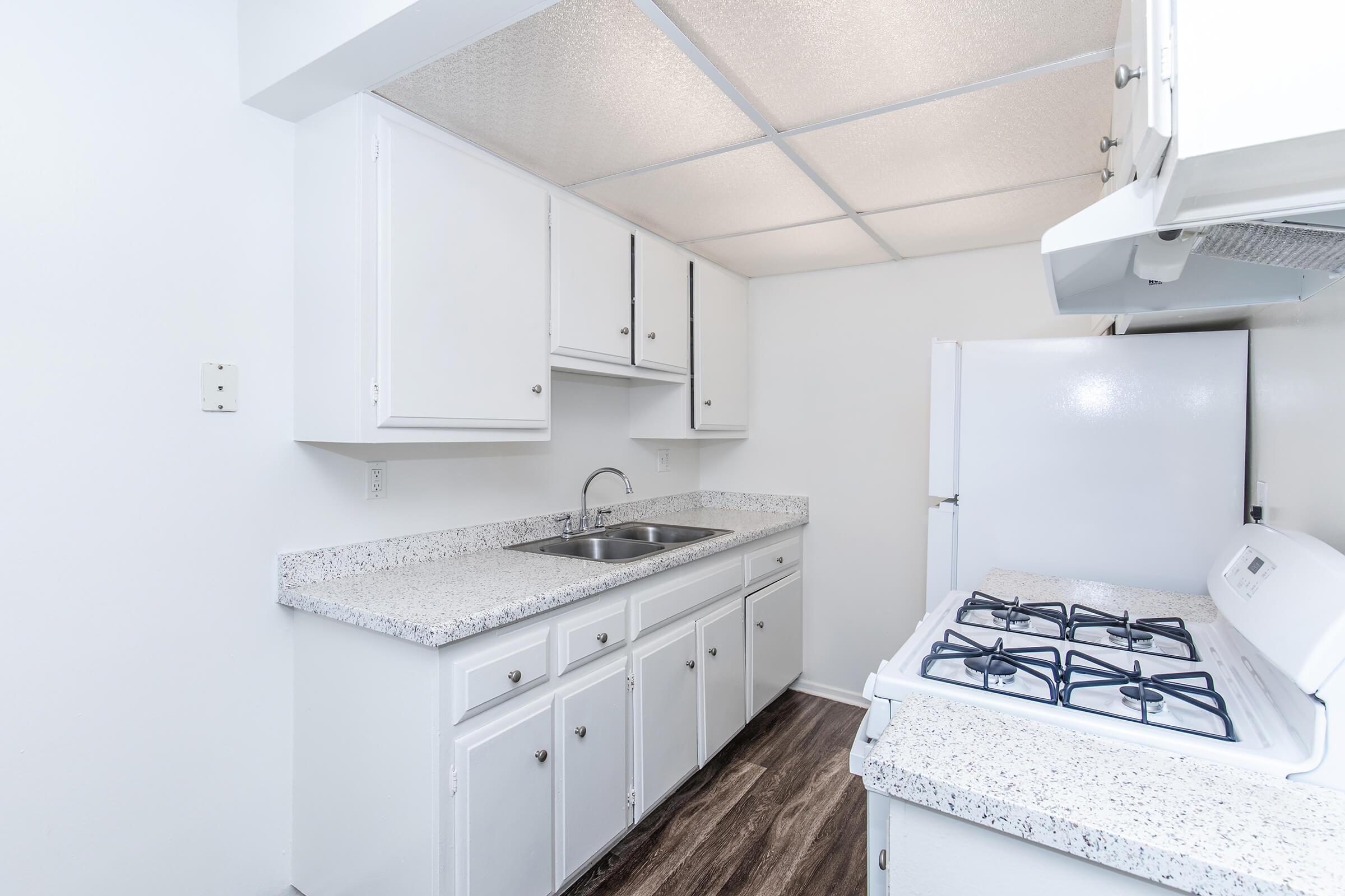 A clean and modern kitchen with white cabinets, a stainless steel sink, and a granite countertop. The kitchen features a gas stove and an adjoining white refrigerator, with a light-colored floor and ceiling. Natural light illuminates the space, creating a bright and inviting atmosphere.