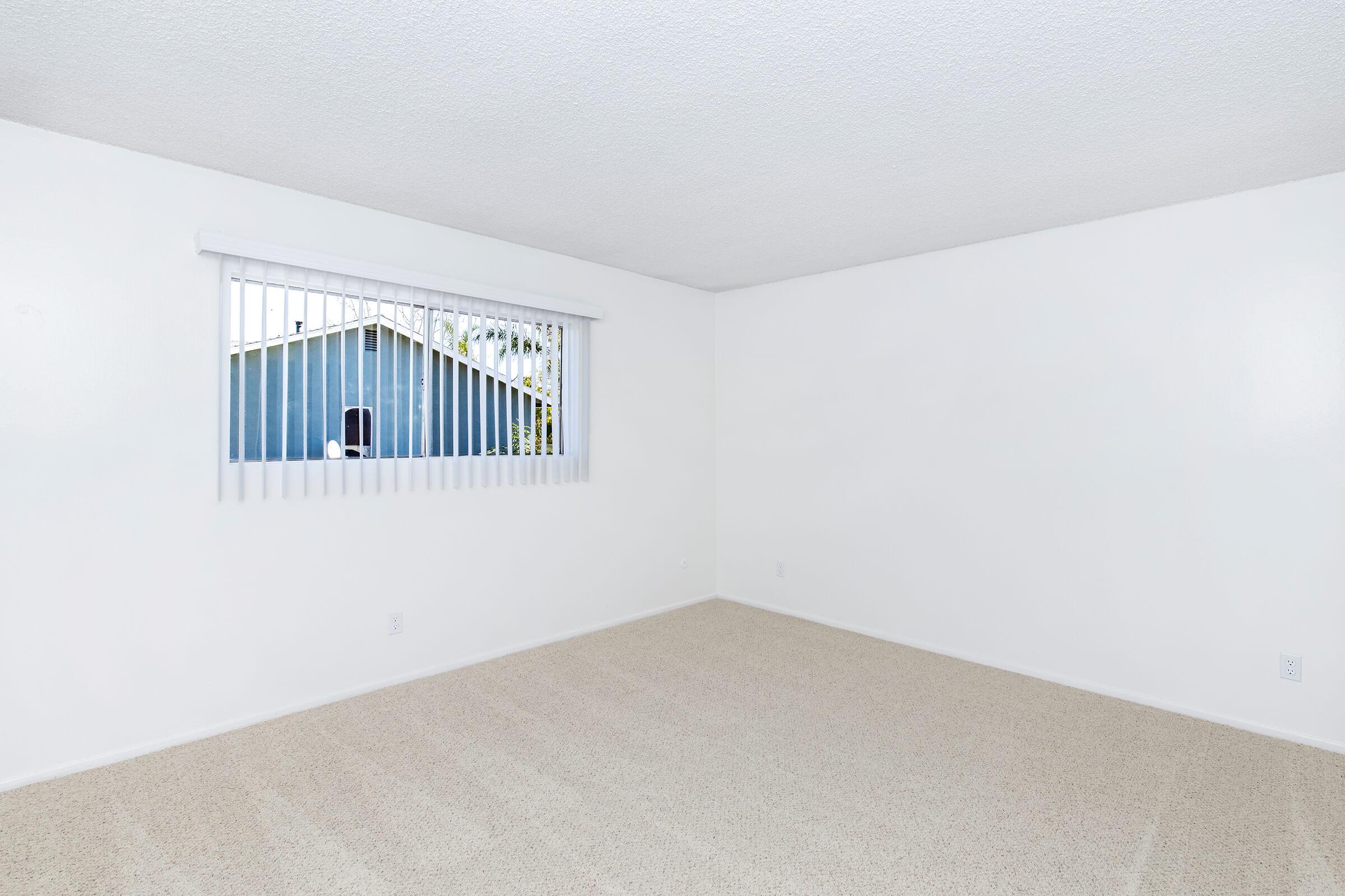 Empty room with white walls and beige carpeting, featuring a single window with vertical blinds. Light enters through the window, revealing a view of an exterior building outside. The space is uncluttered and minimalistic.