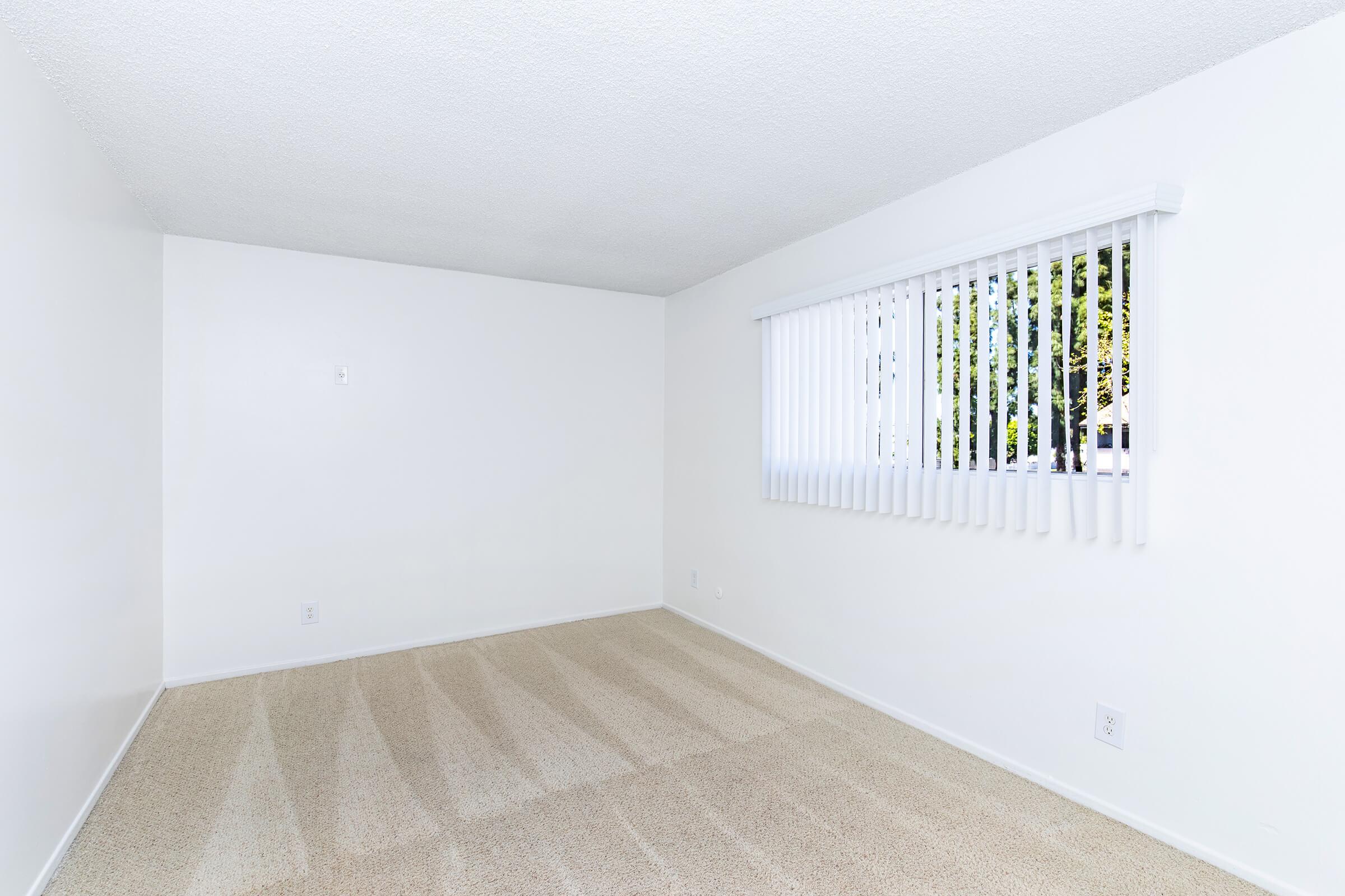 Empty room with white walls and light beige carpet. A window with vertical blinds allows natural light, and there are no furnishings or decorations visible. The space is clean, simple, and ready for staging or decorating.