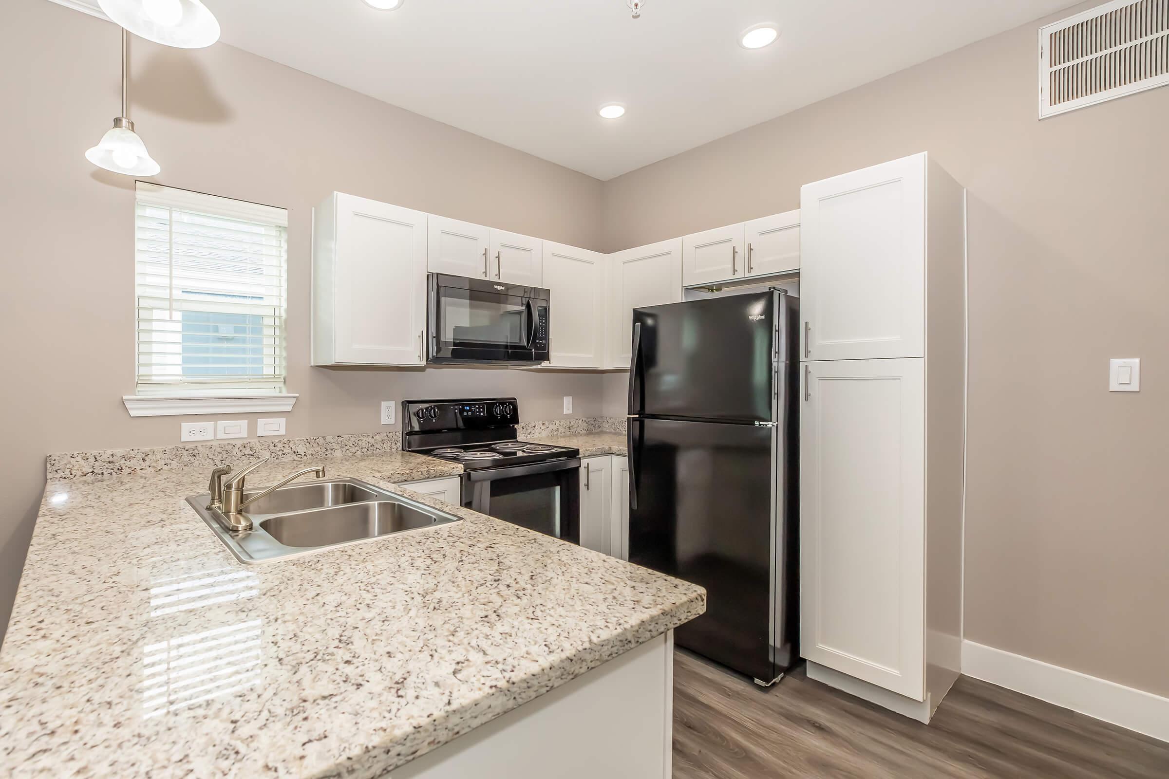 A modern kitchen with light-colored cabinets, a black refrigerator, and stainless steel appliances, including a microwave and stove. The countertop is made of granite, and there are under-cabinet lights illuminating the space. Natural light enters through a window above the sink.