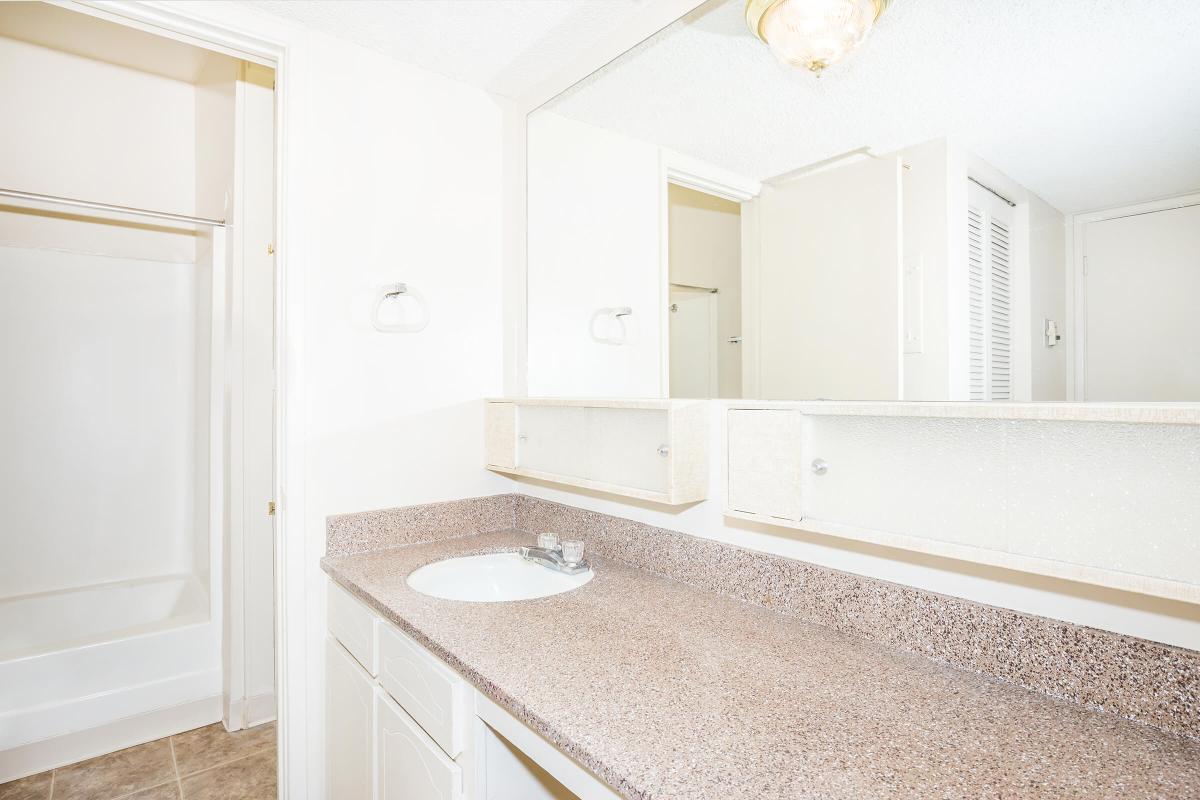 a kitchen with a sink and a mirror