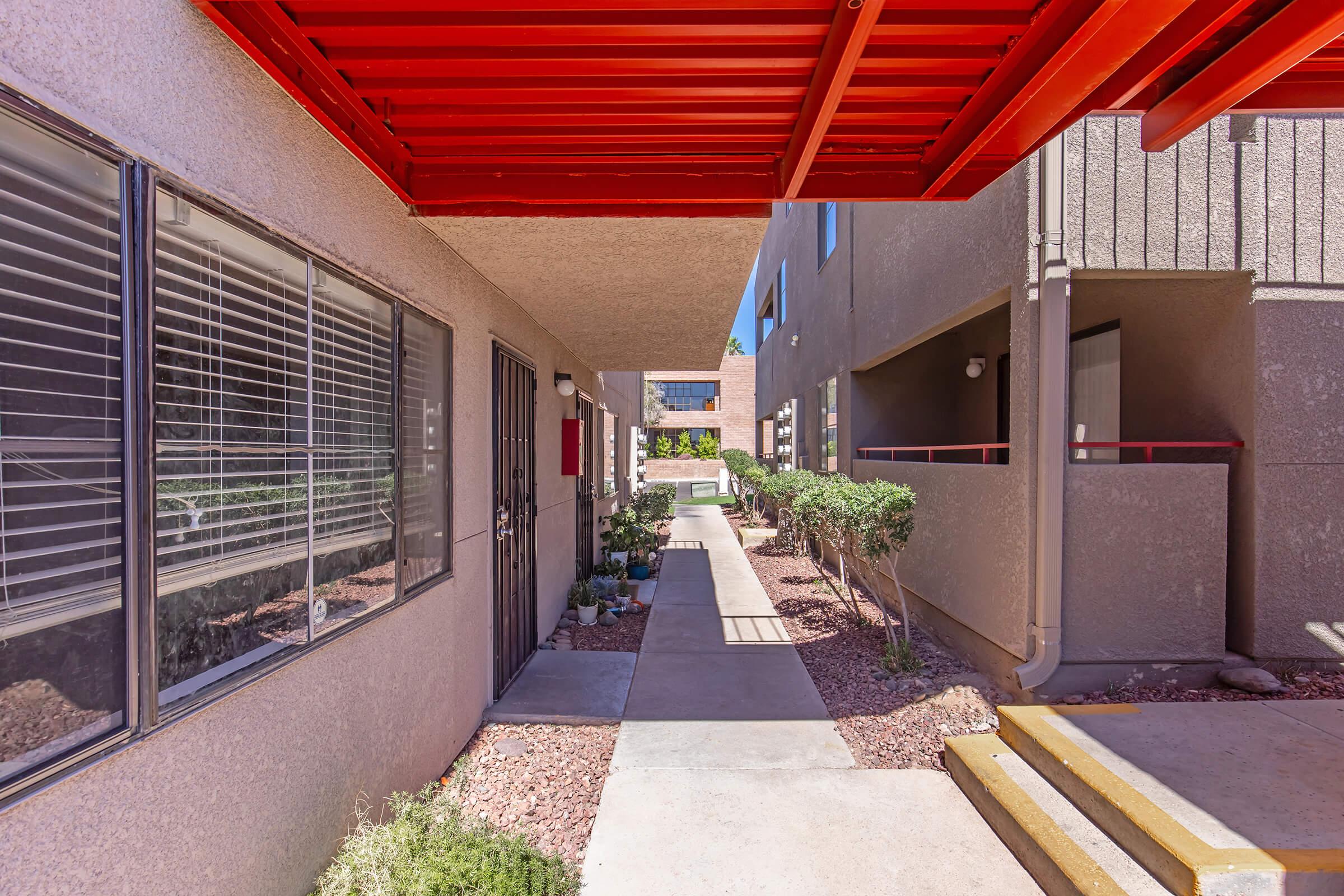 a bench in front of a building