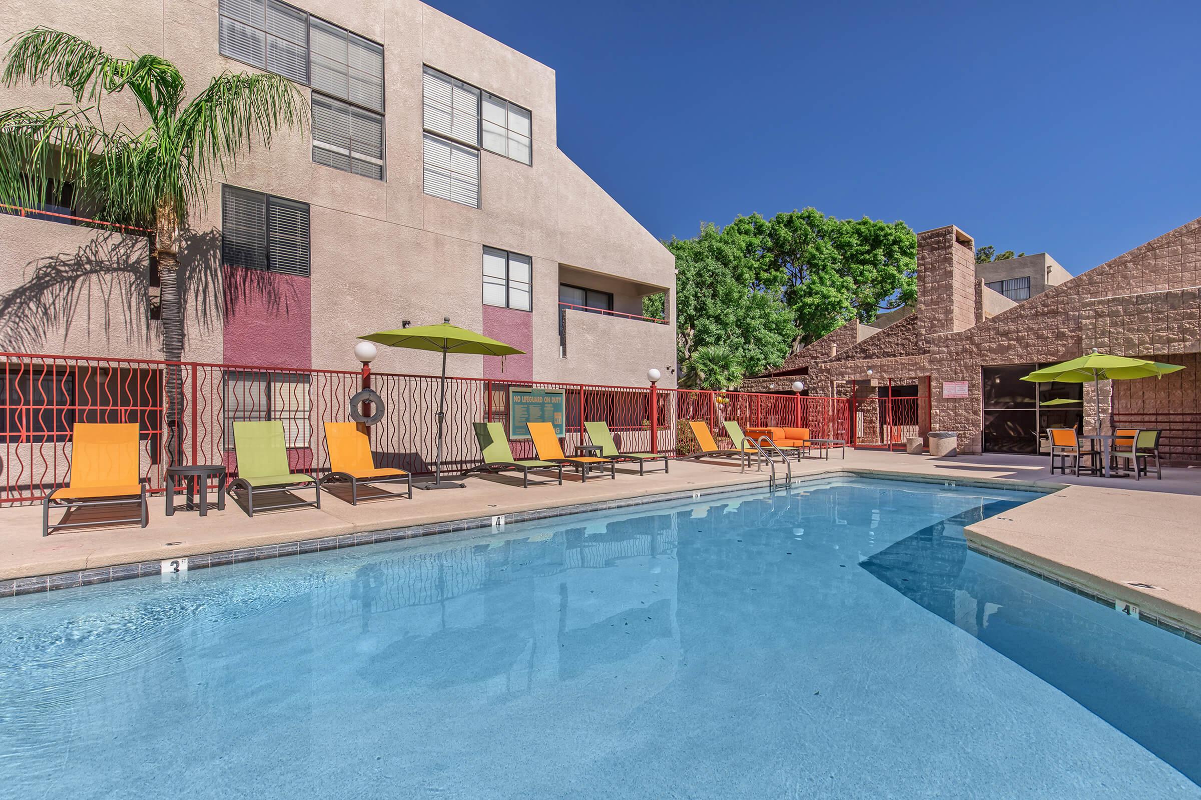 a pool next to a building