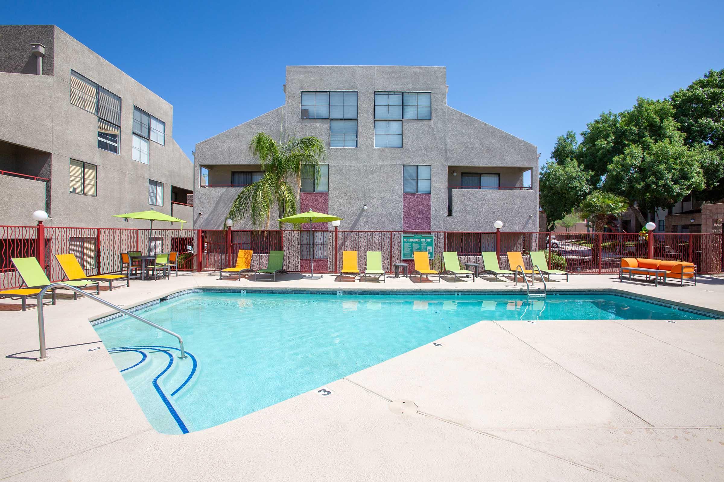 a pool next to a building