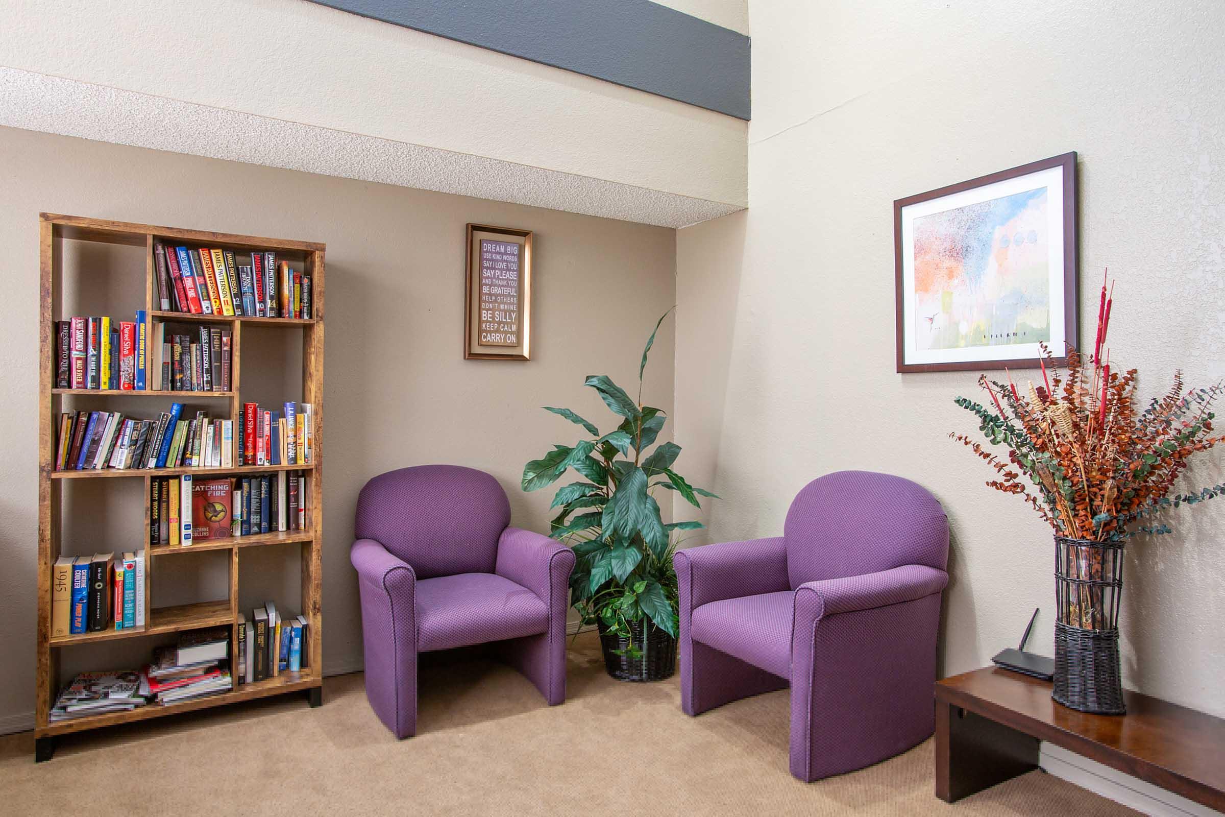 a living room filled with furniture and a book shelf