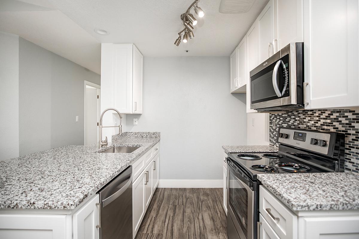 a kitchen with a stove a sink and a microwave oven above a refrigerator