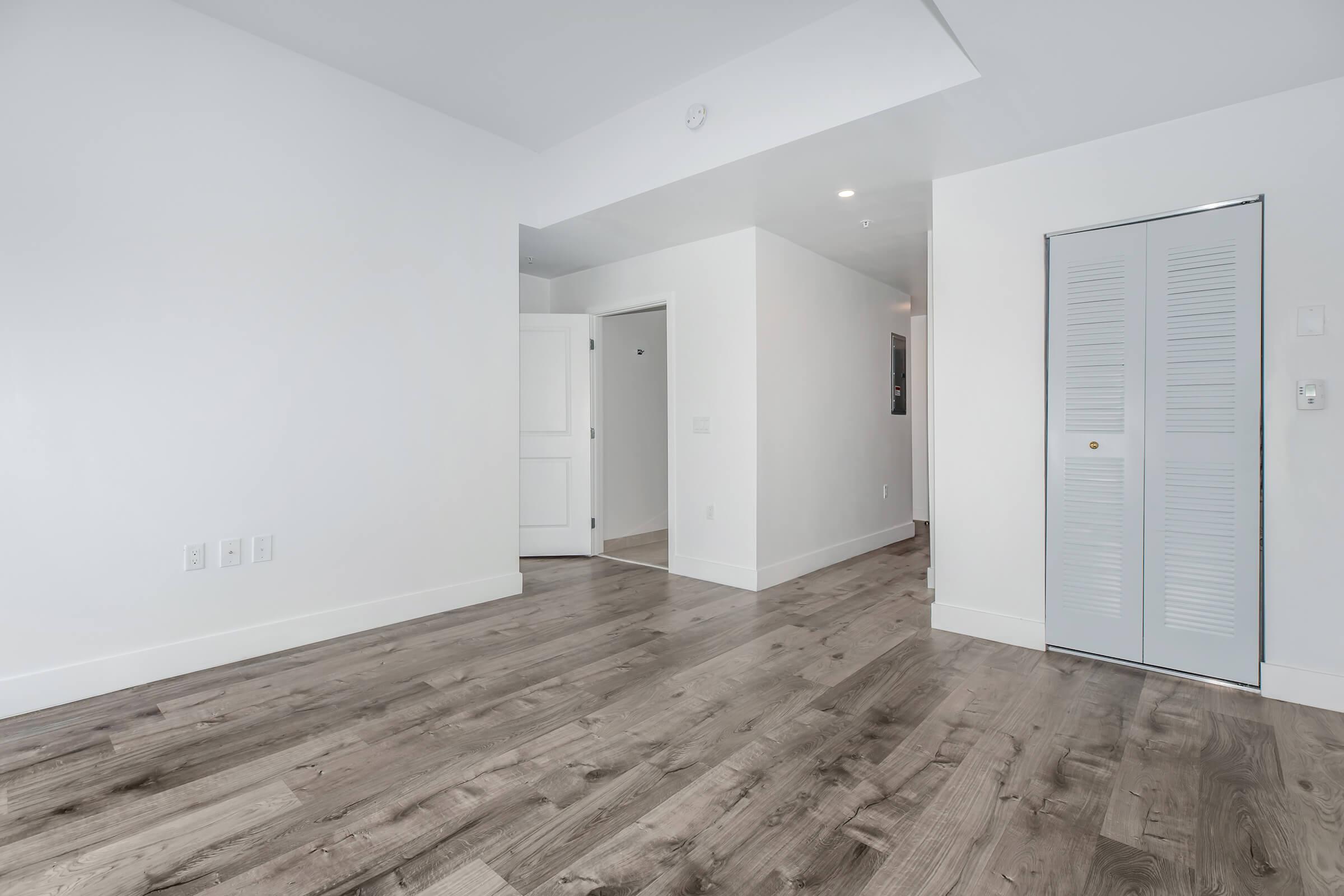 1 bedroom apt with brown wood vinyl floor,  and door to closet