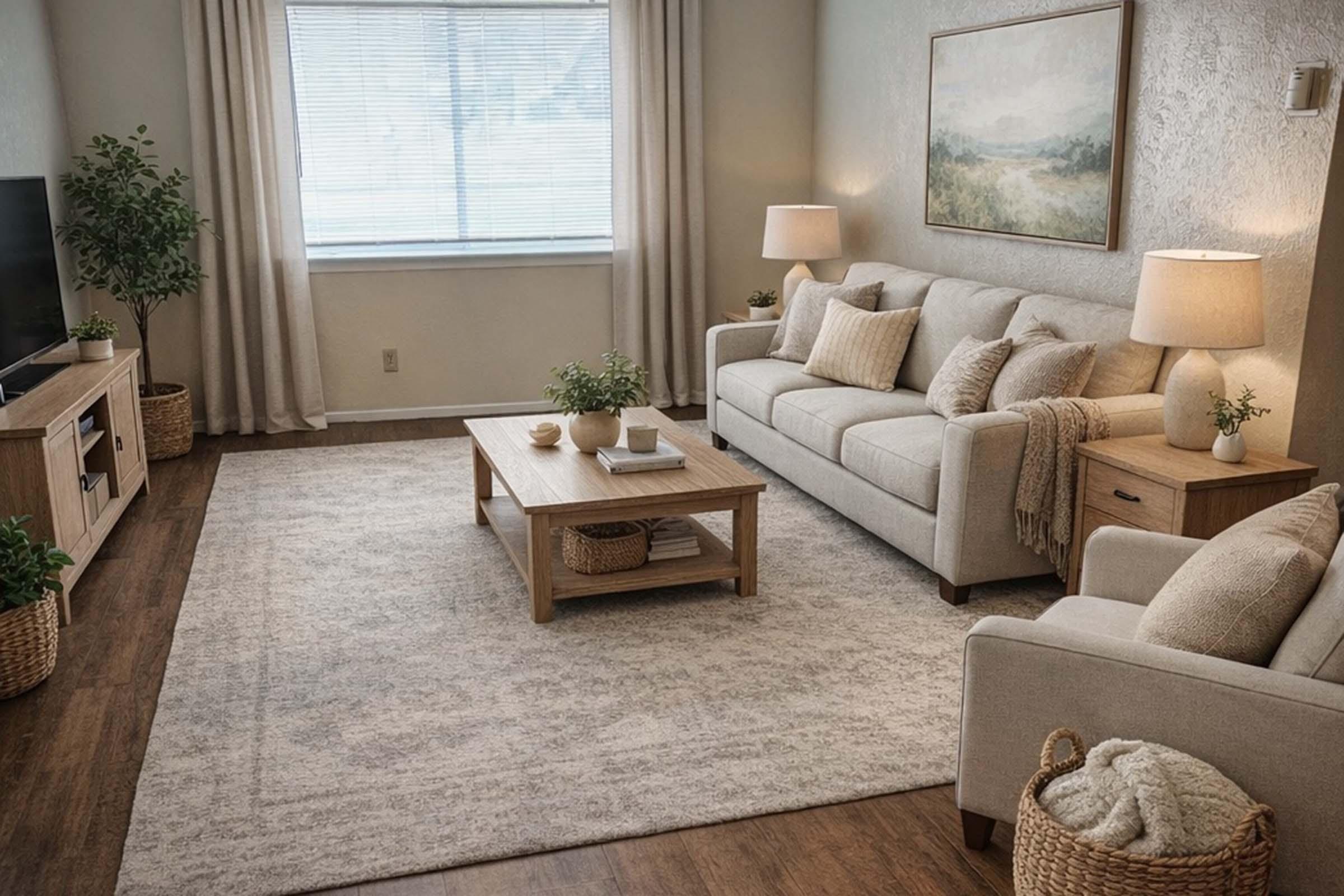 Cozy living room featuring a light-colored sofa and armchair, complemented by neutral throw pillows and blankets. A wooden coffee table sits on a soft area rug, with decorative plants and a storage basket. Soft lighting from table lamps enhances the inviting atmosphere, with a large window allowing natural light to flow in.