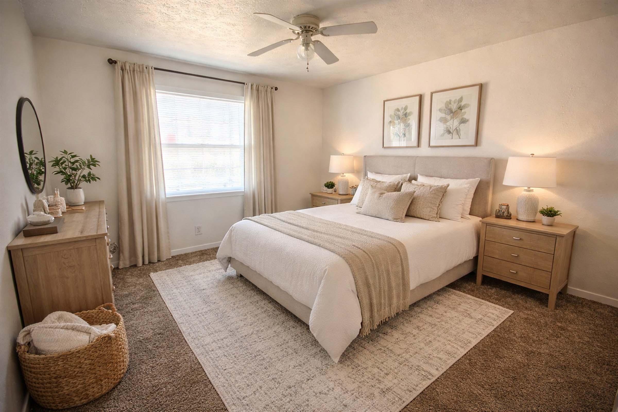 A cozy bedroom featuring a queen-sized bed with light bedding, two bedside tables with lamps, a dresser, and a round mirror. Soft, neutral tones dominate the decor, and floral artwork adorns the wall above the bed. A window allows natural light, and a plush rug covers the carpeted floor.