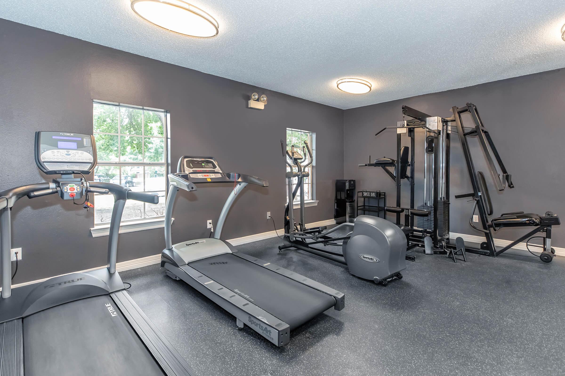 A spacious gym area featuring a treadmill, elliptical machine, multi-gym station, and weights. The walls are painted dark gray, and large windows allow natural light to illuminate the space. Modern fitness equipment is neatly arranged on a rubberized floor.