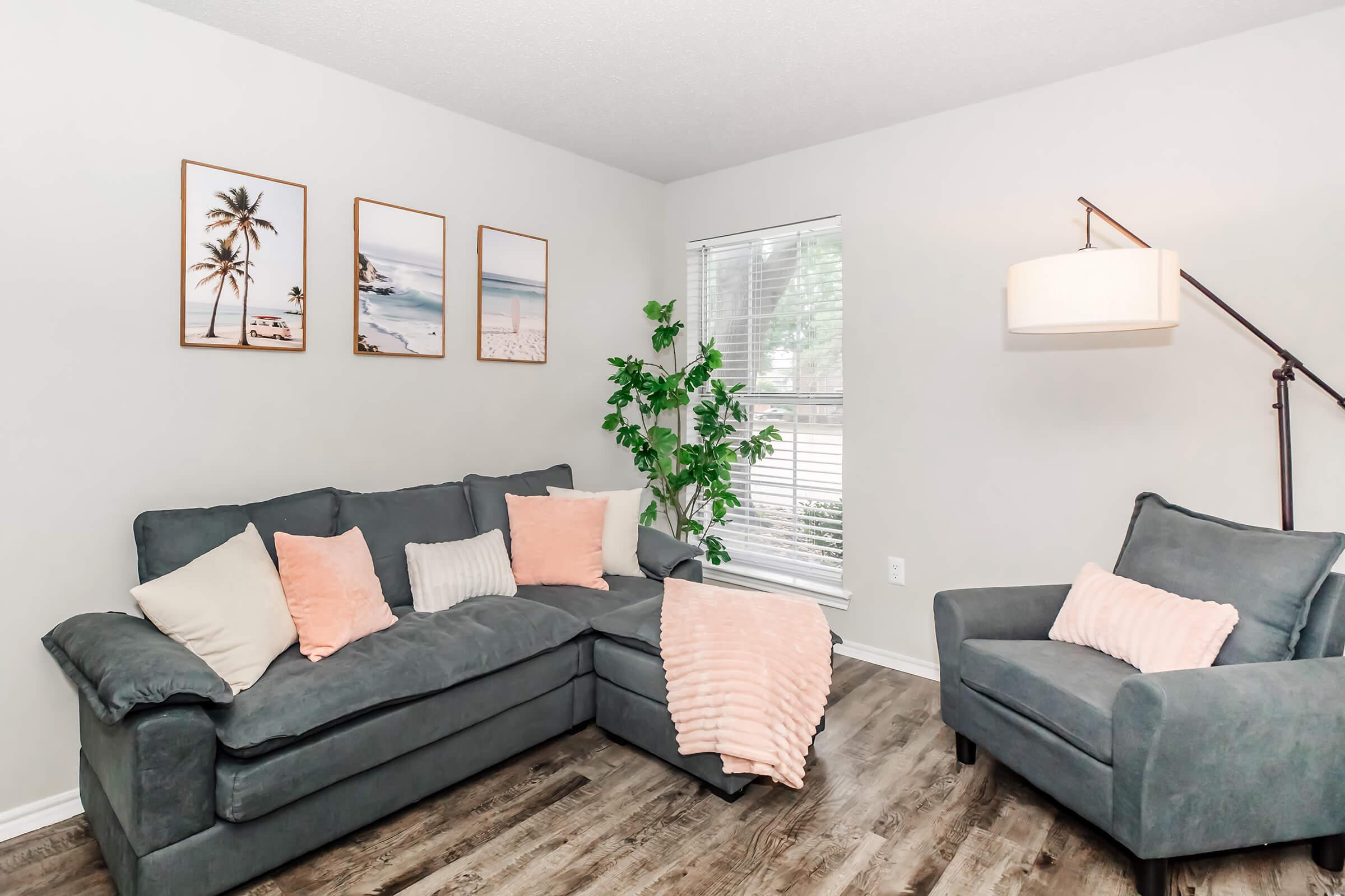 Cozy living room featuring a gray sectional sofa with pink and white pillows, a matching armchair, and a floor lamp. The walls are adorned with three framed beach-themed photos, and a green plant adds a touch of nature by the window, which lets in ample natural light.
