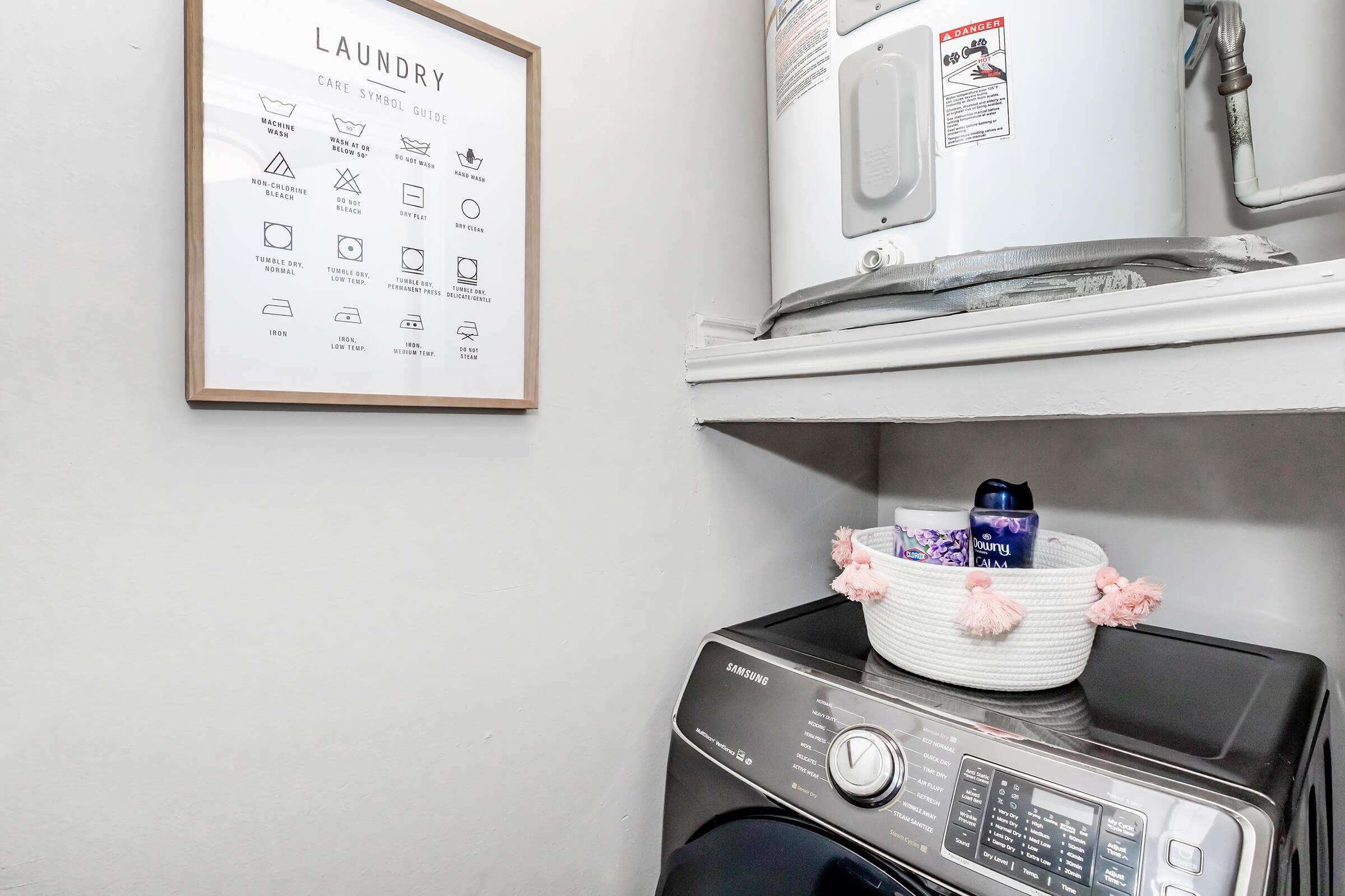 A laundry room featuring a washing machine with a decorative basket on top, holding laundry supplies. Above, there is a framed laundry care guide hanging on the wall, providing symbols and instructions for various laundry tasks. The overall decor is minimal and functional.