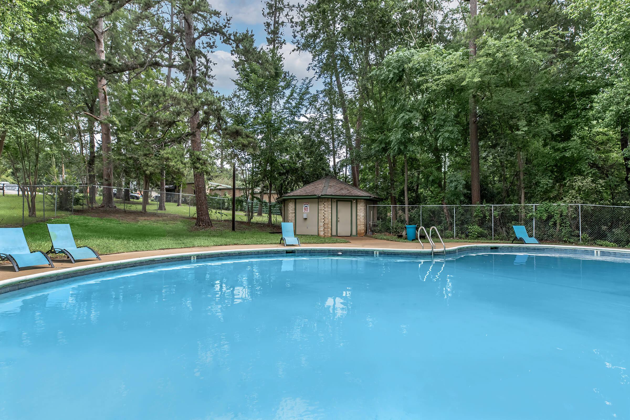 Swimming pool surrounded by green trees and grass. The pool has blue water, lounge chairs on the edges, and a small shed visible in the background. The area is peaceful and well-maintained, perfect for relaxation and recreation.