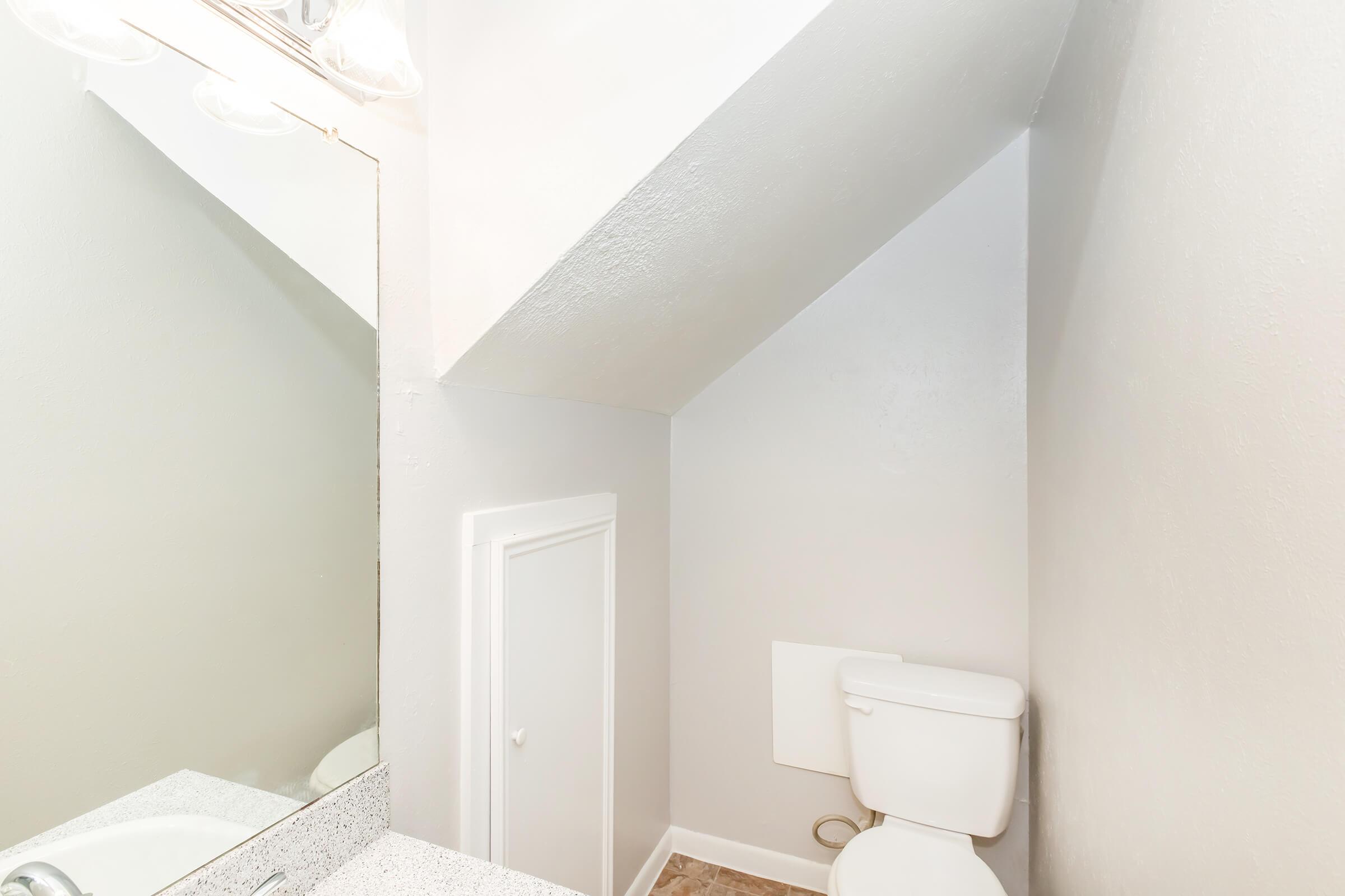A small bathroom featuring a toilet, a mirrored sink with a light fixture above, and an angled wall following the line of the roof. A small door is visible beneath the countertop, adding storage space. The walls are painted light gray, creating a clean and modern look.