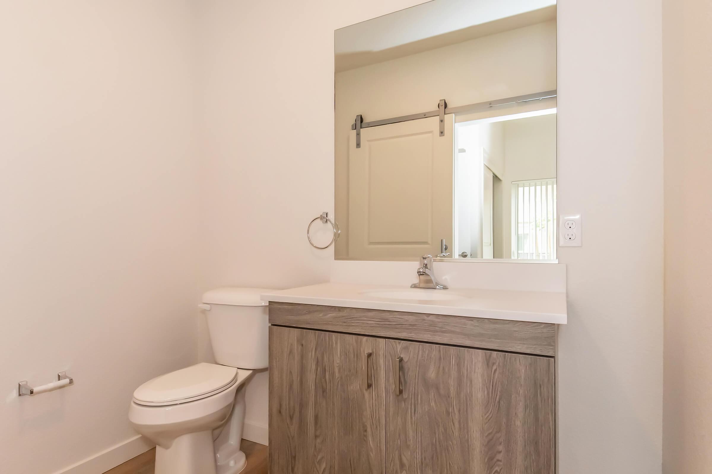 A clean and modern bathroom featuring a white toilet, a vanity with a light wood finish, and a countertop sink. A rectangular mirror is mounted above the sink, and a sliding door is visible in the background. The walls are painted light, creating a bright and airy atmosphere.