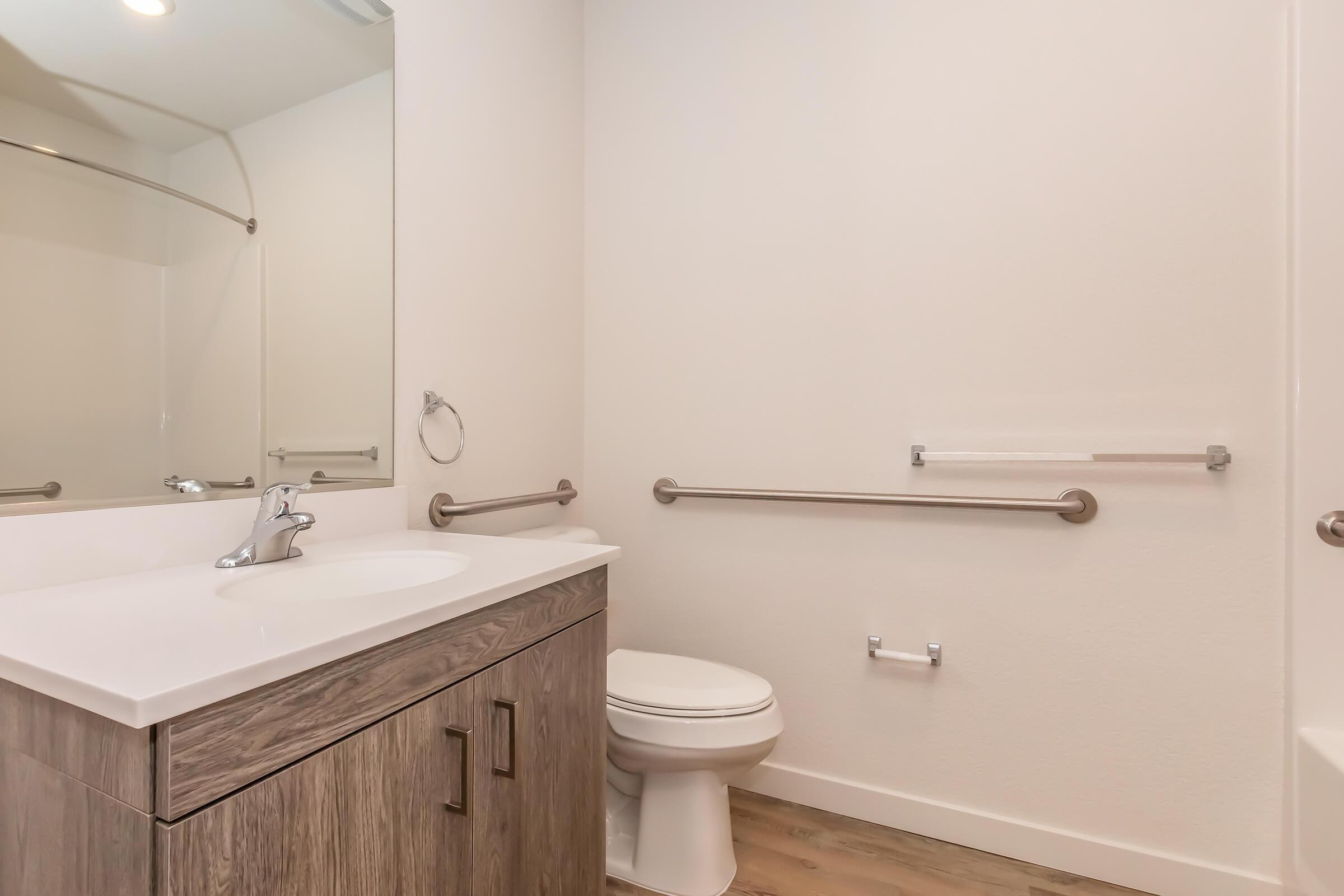 A clean, modern bathroom featuring a white toilet, a large mirror above a countertop with a single sink, and accessibility grab bars. The walls are painted a light color, and the floor has wooden planks. Natural light is coming in from the upper left side of the image.