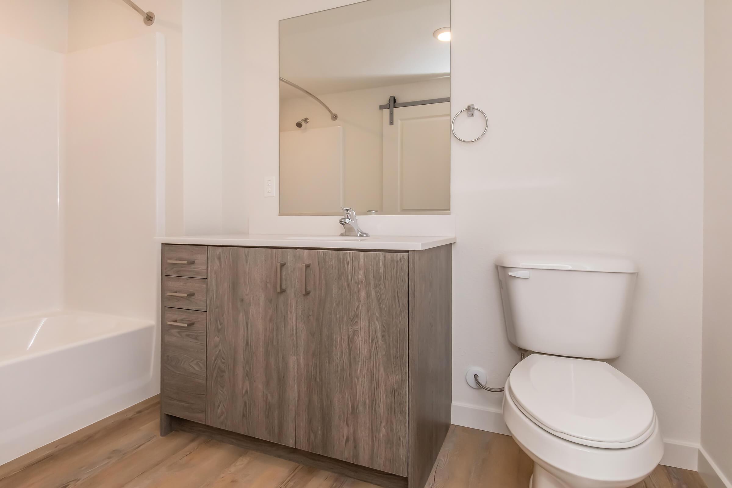 A modern bathroom featuring a shower-tub combination, a sink with a wooden cabinet underneath, a wall-mounted mirror, a toilet, and neutral-colored walls and flooring. The space is well-lit and has a clean, minimalist design.