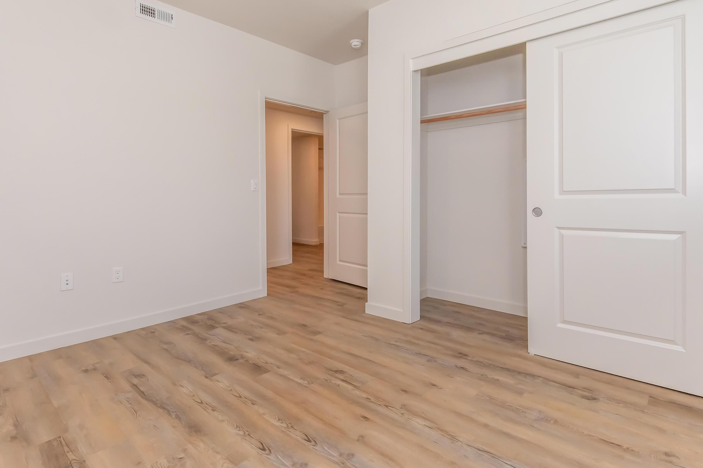 A spacious room featuring light-colored walls and wooden flooring. There are two open doors leading to adjacent areas, and a closet with a hanging rod. The overall ambiance is bright and inviting, perfect for various uses such as a bedroom or office.