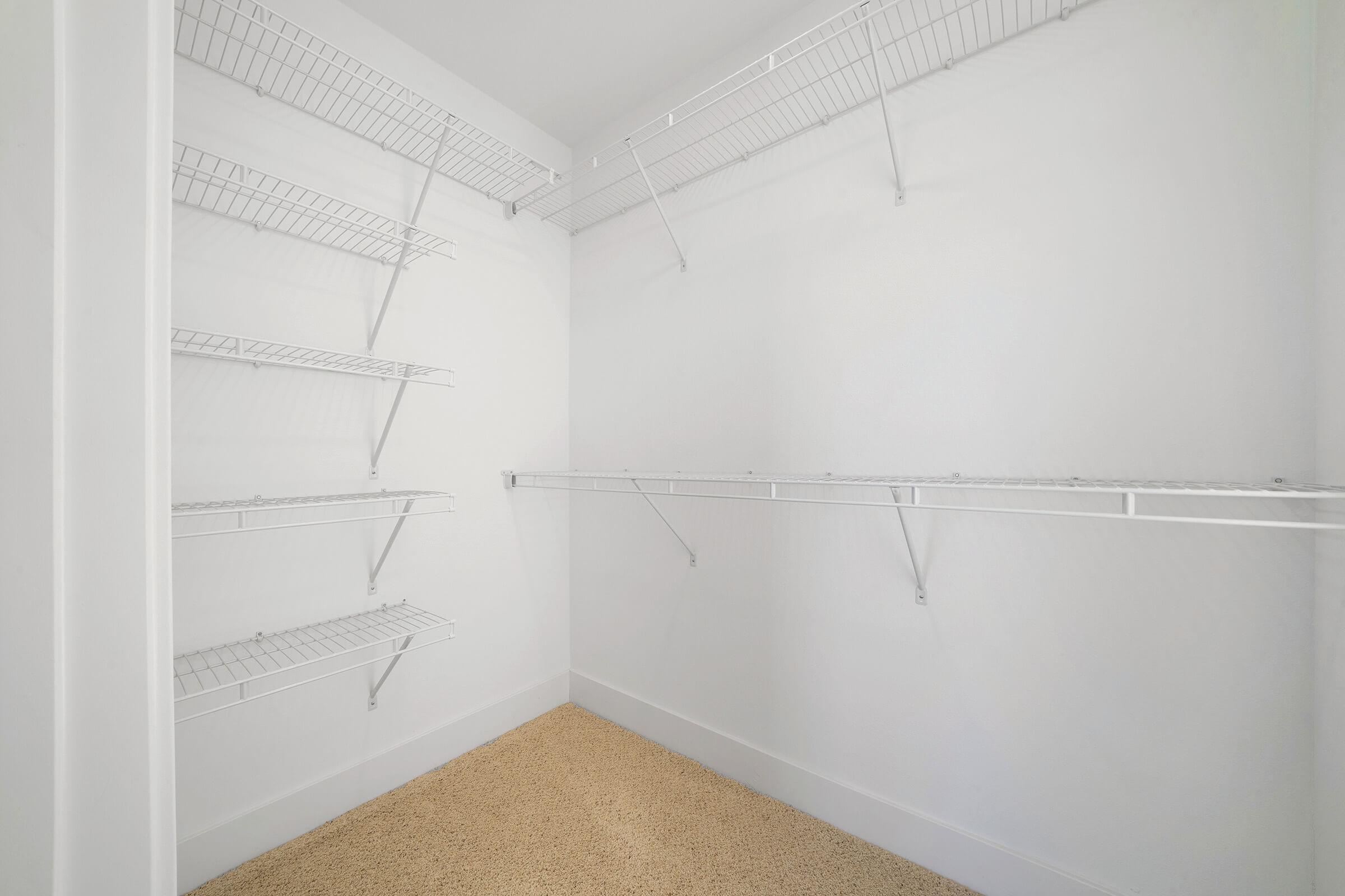 Walk-in closet with vacant shelves