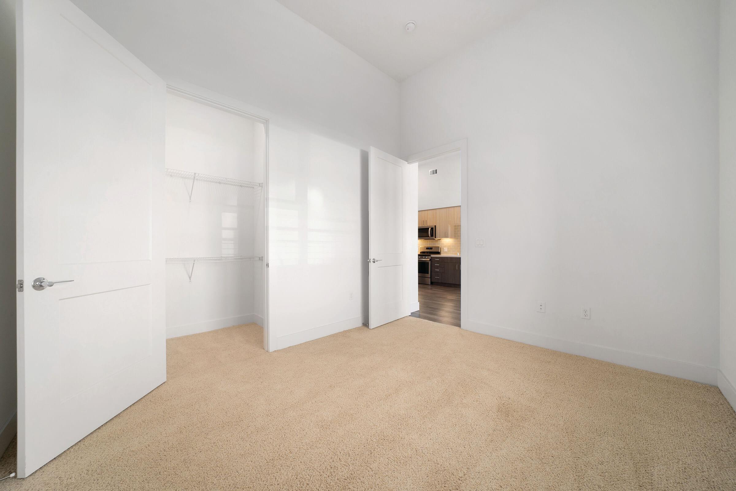 Unfurnished carpeted room with open closet