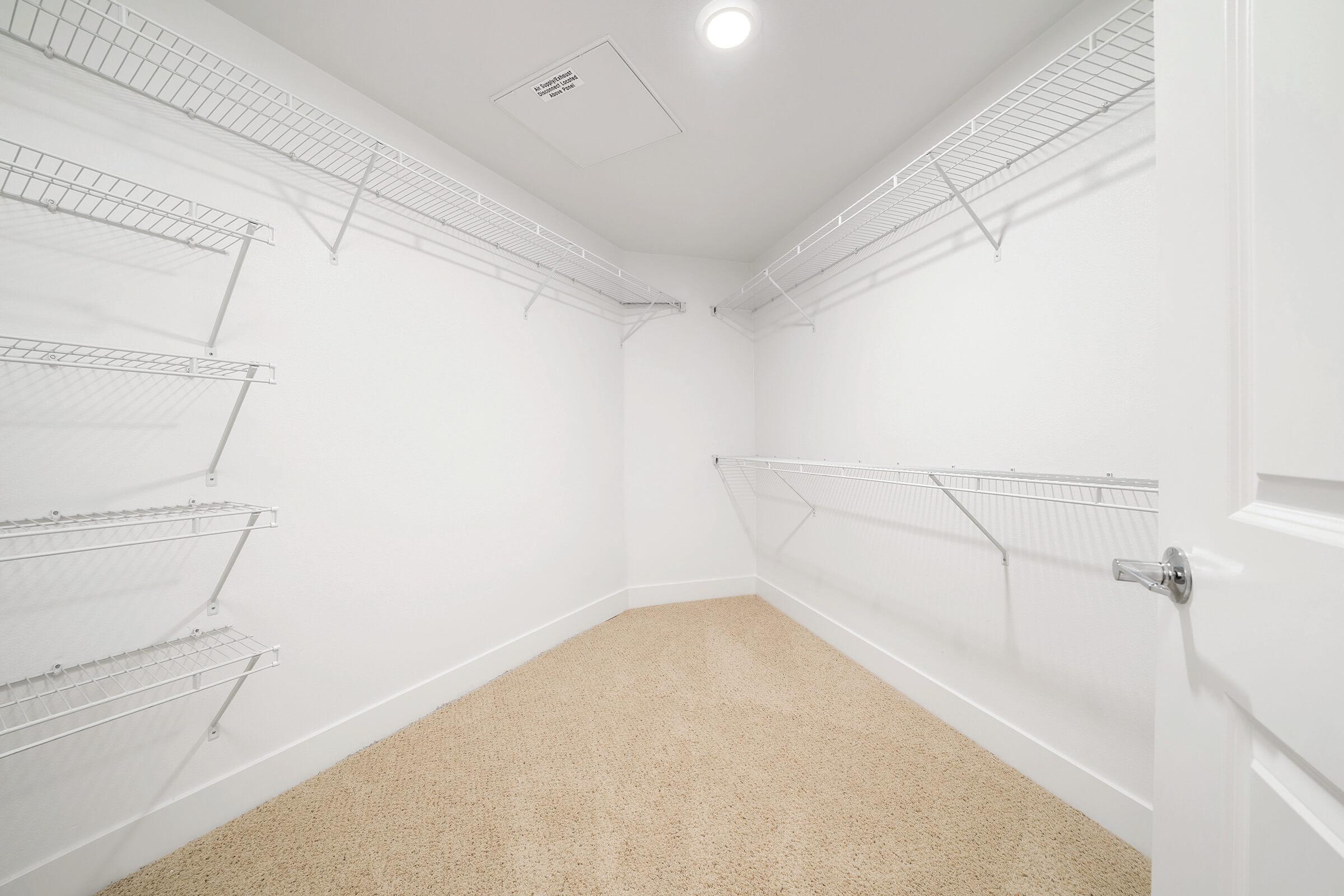 Vacant carpeted closet with shelves 