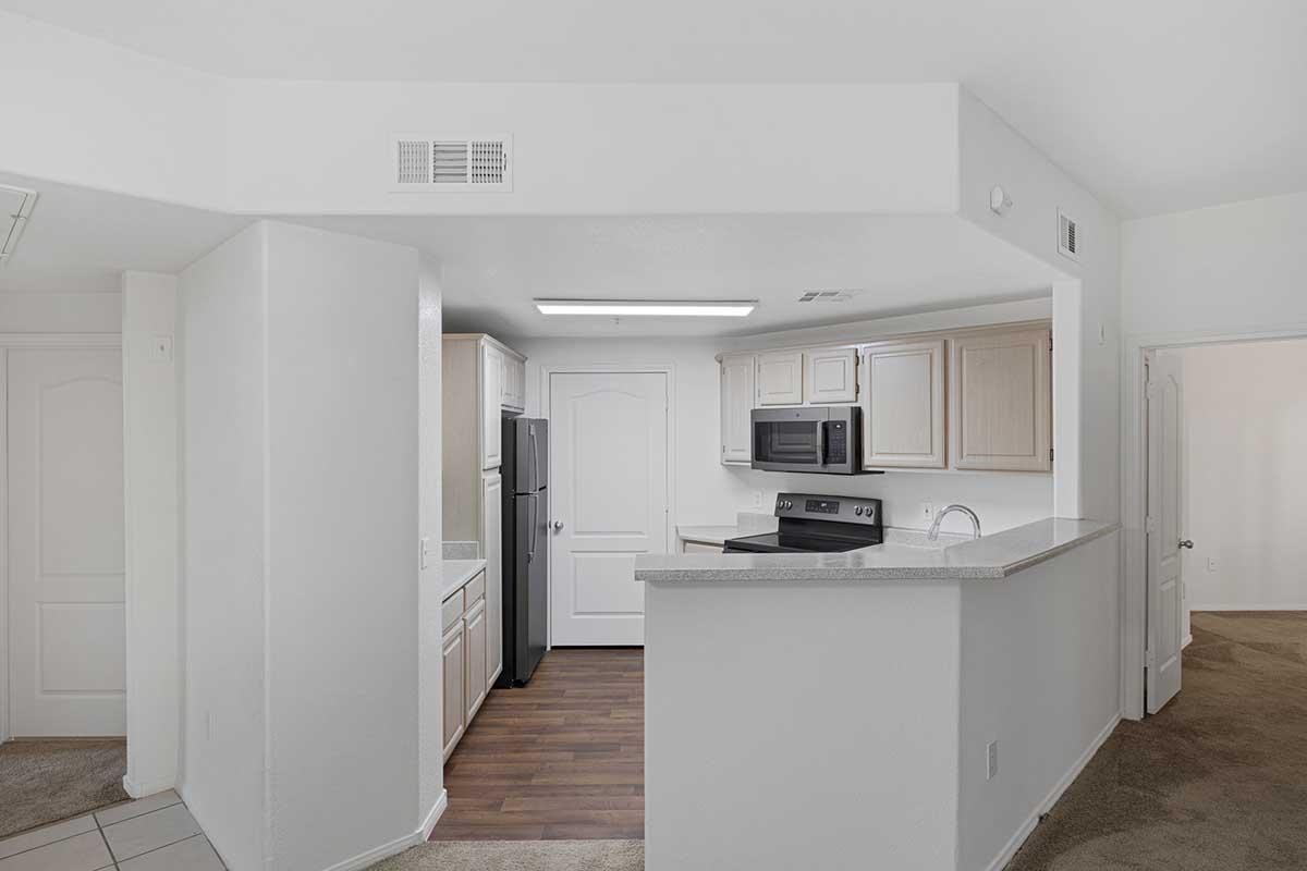 A modern kitchen with light wooden cabinets, black appliances including a refrigerator and microwave, and a granite countertop. The space features tile flooring, an open layout leading to a carpeted area, and a doorway in the background, suggesting connection to another room.