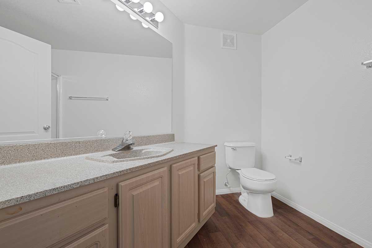 Modern bathroom featuring a light-colored wall and wooden flooring. A sink with a countertop and mirror is on the left, while a white toilet is positioned on the right. The space is well-lit with overhead lighting and has minimal decorative elements, creating a clean and simple aesthetic.