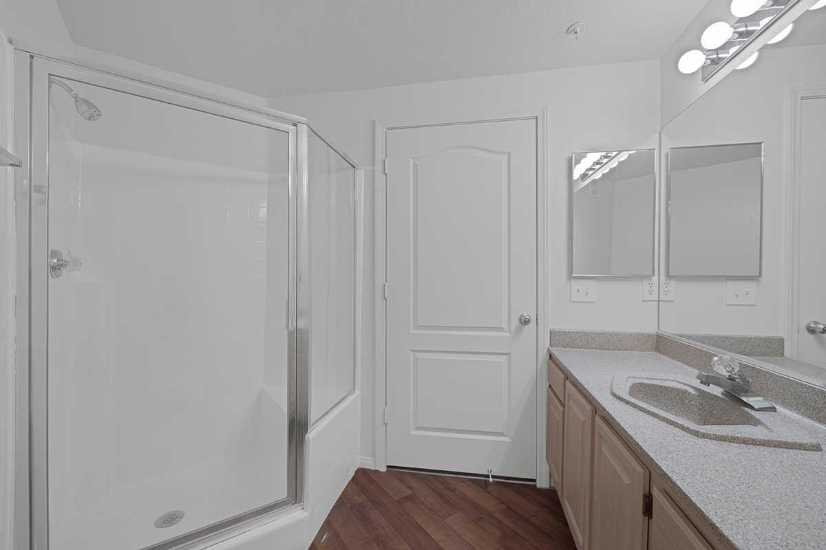 A modern bathroom featuring a glass-enclosed shower and a double vanity with a sink. There are two mirrors above the vanity, and the walls are painted white. The floor has dark wood, contrasting with the light-colored fixtures and cabinetry. A door leads out of the bathroom.