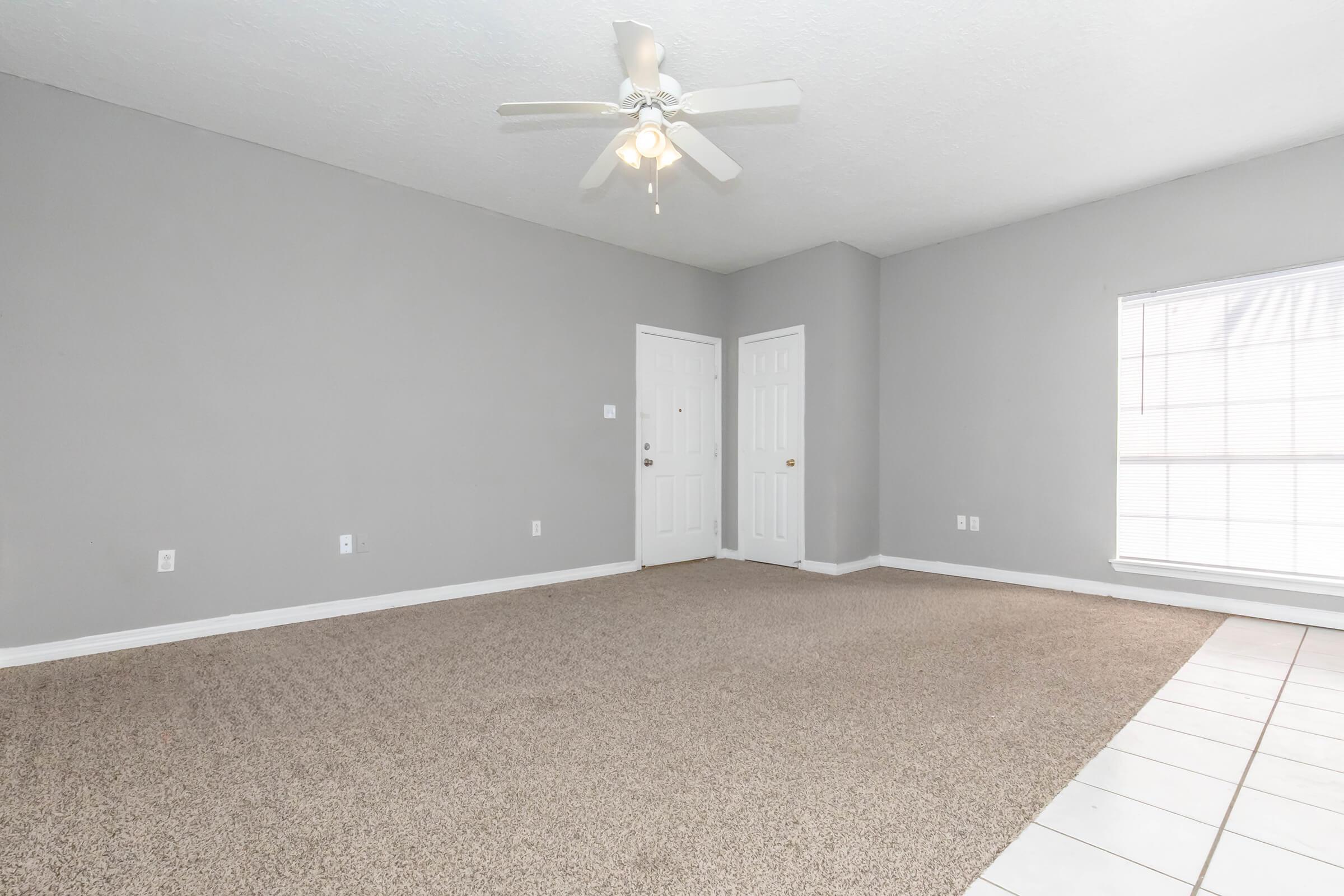A spacious, empty room with gray walls, beige carpet, and tiled flooring near the windows. The room features a ceiling fan and two closed white doors on one side, with a large window allowing natural light to enter.