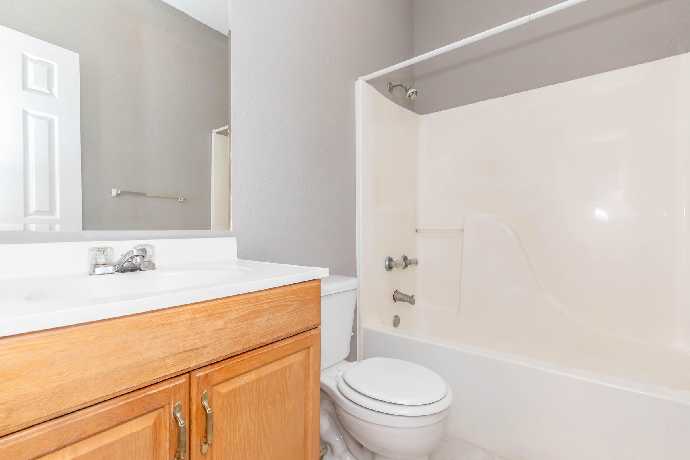 A bathroom featuring a white bathtub and shower combination, a light wood vanity with a sink, and a toilet. The walls are painted in a light gray color, and there is a mirror above the sink reflecting the space. Clean and uncluttered design.