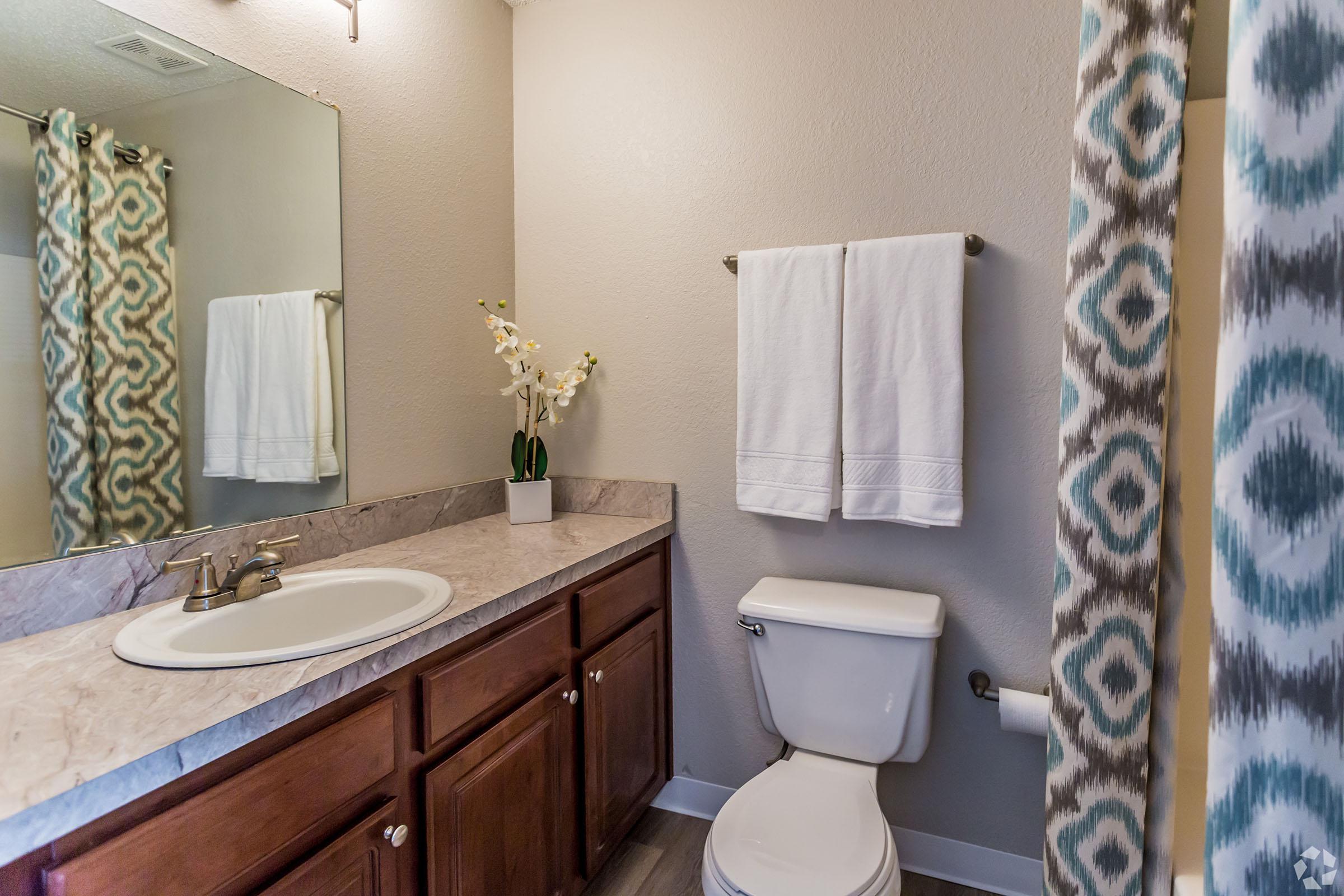 a room with a sink and a mirror