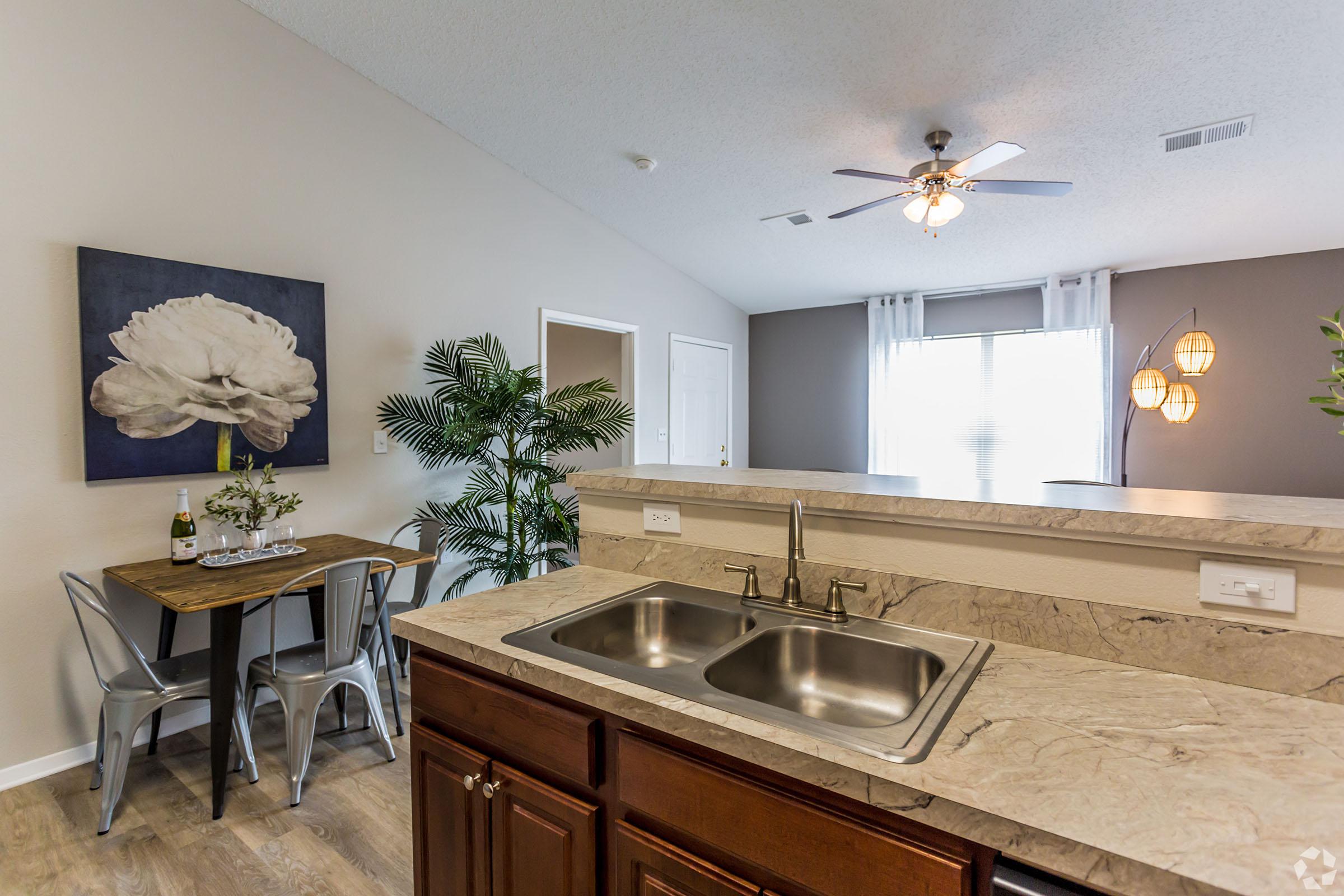 a kitchen with a sink and a mirror