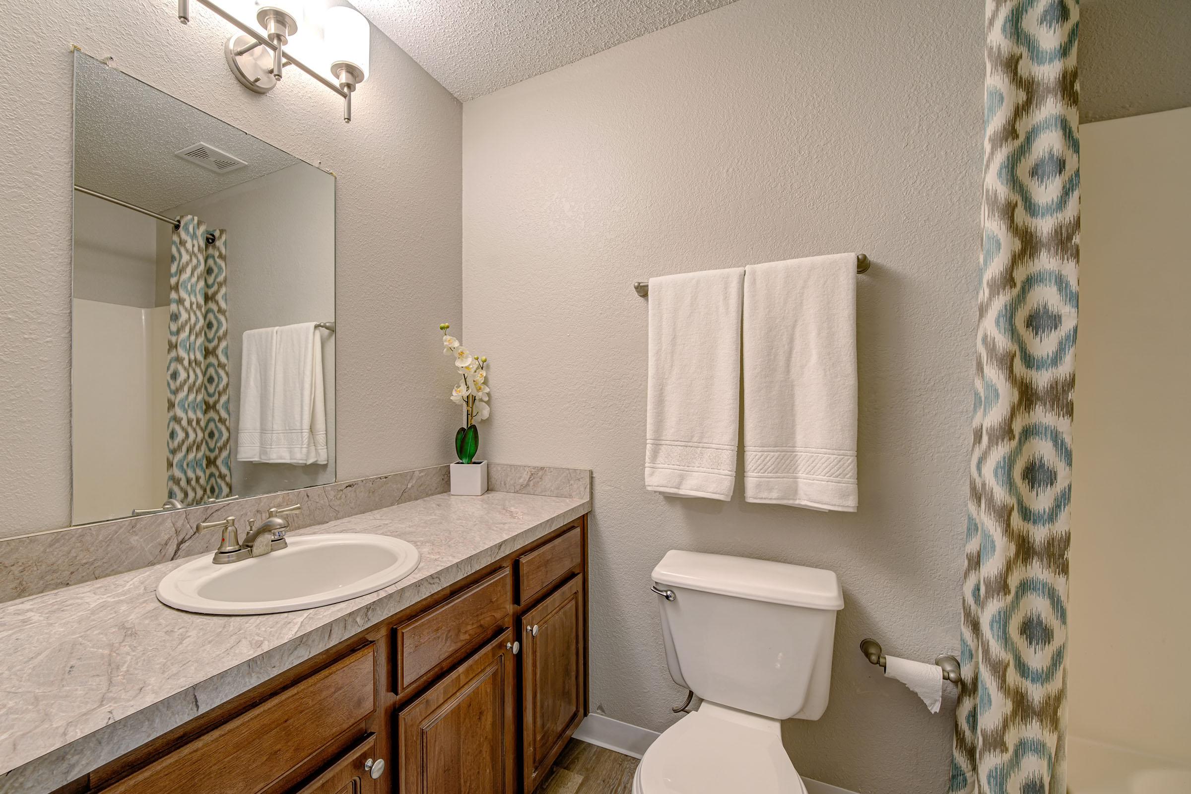 a room with a sink and a mirror